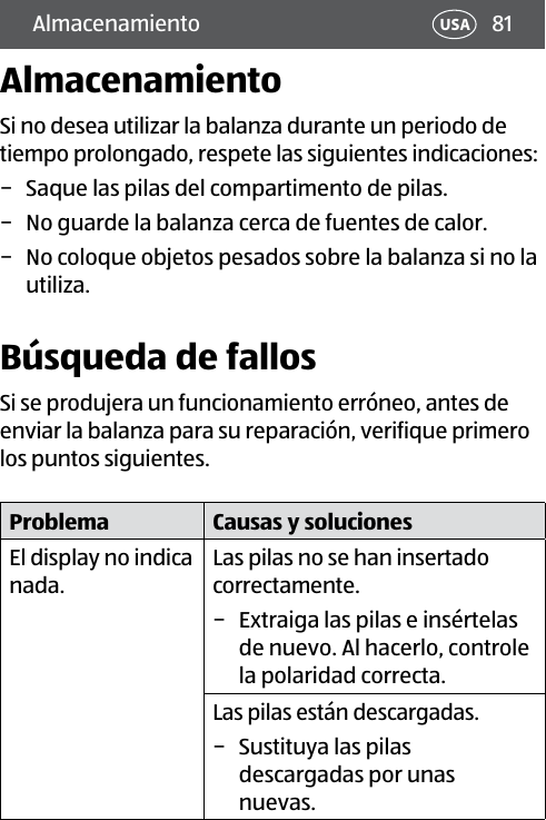 81Almacenamiento USAAlmacenamientoSi no desea utilizar la balanza durante un periodo de tiempo prolongado, respete las siguientes indicaciones: − Saque las pilas del compartimento de pilas. − No guarde la balanza cerca de fuentes de calor. − No coloque objetos pesados sobre la balanza si no la utiliza.Búsqueda de fallosSi se produjera un funcionamiento erróneo, antes de enviar la balanza para su reparación, verifique primero los puntos siguientes.Problema Causas y solucionesEl display no indica nada.Las pilas no se han insertado correctamente. − Extraiga las pilas e insértelas de nuevo. Al hacerlo, controle la polaridad correcta. Las pilas están descargadas. − Sustituya las pilas descargadas por unas nuevas.