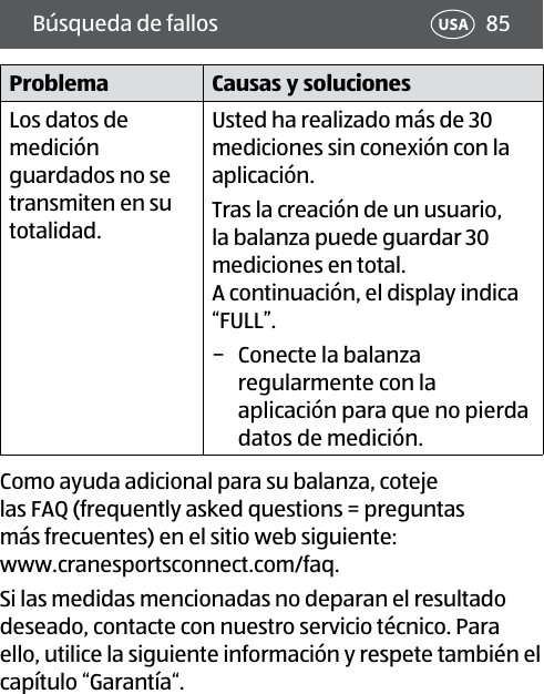 85Búsqueda de fallos USAProblema Causas y solucionesLos datos de medición guardados no se transmiten en su totalidad.Usted ha realizado más de 30 mediciones sin conexión con la aplicación.Tras la creación de un usuario, la balanza puede guardar 30 mediciones en total.  A continuación, el display indica “FULL”. − Conecte la balanza regularmente con la aplicación para que no pierda datos de medición.Como ayuda adicional para su balanza, coteje las FAQ (frequently asked questions = preguntas más frecuentes) en el sitio web siguiente: www.cranesportsconnect.com/faq.Si las medidas mencionadas no deparan el resultado deseado, contacte con nuestro servicio técnico. Para ello, utilice la siguiente información y respete también el capítulo “Garantía“.