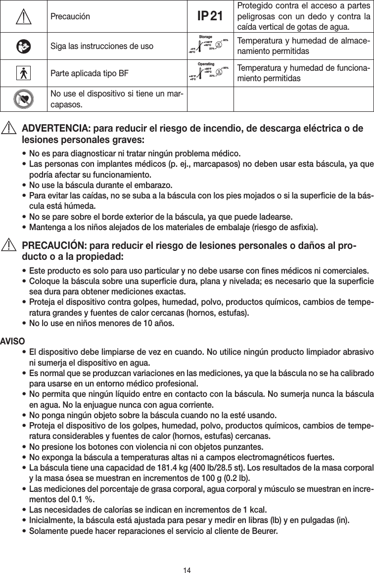 14PrecauciónIP 21Protegido contra el acceso a partes peligrosas con un dedo y contra la caída vertical de gotas de agua.Siga las instrucciones de usoStorage20%95%-4°F-20°C+140°F+60°CTemperatura y humedad de almace-namiento permitidasParte aplicada tipo BFOperating+41°F+5°C+95°F+35°C95%20%Temperatura y humedad de funciona-miento permitidasNo use el dispositivo si tiene un mar-capasos.ADVERTENCIA: para reducir el riesgo de incendio, de descarga eléctrica o de lesiones personales graves:• No es para diagnosticar ni tratar ningún problema médico.• Las personas con implantes médicos (p.ej., marcapasos) no deben usar esta báscula, ya que podría afectar su funcionamiento.• No use la báscula durante el embarazo.• Para evitar las caídas, no se suba a la báscula con los pies mojados o si la superficie de la bás-cula está húmeda.• No se pare sobre el borde exterior de la báscula, ya que puede ladearse.• Mantenga a los niños alejados de los materiales de embalaje (riesgo de asfixia).PRECAUCIÓN: para reducir el riesgo de lesiones personales o daños al pro-ducto o a la propiedad:• Este producto es solo para uso particular y no debe usarse con fines médicos ni comerciales.• Coloque la báscula sobre una superficie dura, plana y nivelada; es necesario que la superficie sea dura para obtener mediciones exactas.• Proteja el dispositivo contra golpes, humedad, polvo, productos químicos, cambios de tempe-ratura grandes y fuentes de calor cercanas (hornos, estufas).• No lo use en niños menores de 10 años.AVISO• El dispositivo debe limpiarse de vez en cuando. No utilice ningún producto limpiador abrasivo ni sumerja el dispositivo en agua.• Es normal que se produzcan variaciones en las mediciones, ya que la báscula no se ha calibrado para usarse en un entorno médico profesional.• No permita que ningún líquido entre en contacto con la báscula. No sumerja nunca la báscula en agua. No la enjuague nunca con agua corriente.• No ponga ningún objeto sobre la báscula cuando no la esté usando.• Proteja el dispositivo de los golpes, humedad, polvo, productos químicos, cambios de tempe-ratura considerables y fuentes de calor (hornos, estufas) cercanas.• No presione los botones con violencia ni con objetos punzantes.• No exponga la báscula a temperaturas altas ni a campos electromagnéticos fuertes.• La báscula tiene una capacidad de 181.4 kg (400 lb/28.5 st). Los resultados de la masa corporal y la masa ósea se muestran en incrementos de 100g (0.2 lb).• Las mediciones del porcentaje de grasa corporal, agua corporal y músculo se muestran en incre-mentos del 0.1%.• Las necesidades de calorías se indican en incrementos de 1kcal.• Inicialmente, la báscula está ajustada para pesar y medir en libras (lb) y en pulgadas (in).• Solamente puede hacer reparaciones el servicio al cliente de Beurer.