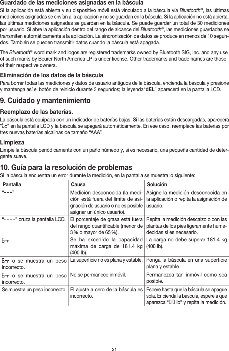 21Guardado de las mediciones asignadas en la básculaSi la aplicación está abierta y su dispositivo móvil está vinculado a la báscula vía Bluetooth®, las últimas mediciones asignadas se envían a la aplicación y no se guardan en la báscula. Si la aplicación no está abierta, las últimas mediciones asignadas se guardan en la báscula. Se puede guardar un total de 30 mediciones por usuario. Si abre la aplicación dentro del rango de alcance del Bluetooth®, las mediciones guardadas se transmiten automáticamente a la aplicación. La sincronización de datos se produce en menos de 10 segun-dos. También se pueden transmitir datos cuando la báscula está apagada.The Bluetooth® word mark and logos are registered trademarks owned by Bluetooth SIG, Inc. and any use of such marks by Beurer North America LP is under license. Other trademarks and trade names are those of their respective owners.Eliminación de los datos de la básculaPara borrar todas las mediciones y datos de usuario antiguos de la báscula, encienda la báscula y presione y mantenga así el botón de reinicio durante 3 segundos; la leyenda“dEL” aparecerá en la pantalla LCD.9. Cuidado y mantenimientoReemplazo de las baterías.La báscula está equipada con un indicador de baterías bajas. Si las baterías están descargadas, aparecerá “” en la pantalla LCD y la báscula se apagará automáticamente. En ese caso, reemplace las baterías por tres nuevas baterías alcalinas de tamaño “AAA”.LimpiezaLimpie la báscula periódicamente con un paño húmedo y, si es necesario, una pequeña cantidad de deter-gente suave.10. Guía para la resolución de problemasSi la báscula encuentra un error durante la medición, en la pantalla se muestra lo siguiente:Pantalla Causa Solución“  ”Medición desconocida (la medi-ción está fuera del límite de asi-gnación de usuario o no es posible asignar un único usuario).Asigne la medición desconocida en la aplicación o repita la asignación de usuario.“  ” cruza la pantalla LCD.El porcentaje de grasa está fuera del rango cuantificable (menor de 3 % o mayor de 65 %).Repita la medición descalzo o con las plantas de los pies ligeramente hume-decidas si es necesario.Se ha excedido la capacidad máxima de carga de 181.4 kg (400 lb). La carga no debe superar 181.4 kg (400 lb). o se muestra un peso incorrecto.La superficie no es plana y estable.Ponga la báscula en una superficie plana y estable. o se muestra un peso incorrecto.No se permanece inmóvil.Permanezca tan inmóvil como sea posible.Se muestra un peso incorrecto.El ajuste a cero de la báscula es incorrecto. Espere hasta que la báscula se apague sola. Encienda la báscula, espere a que aparezca “0.0 lb” y repita la medición.