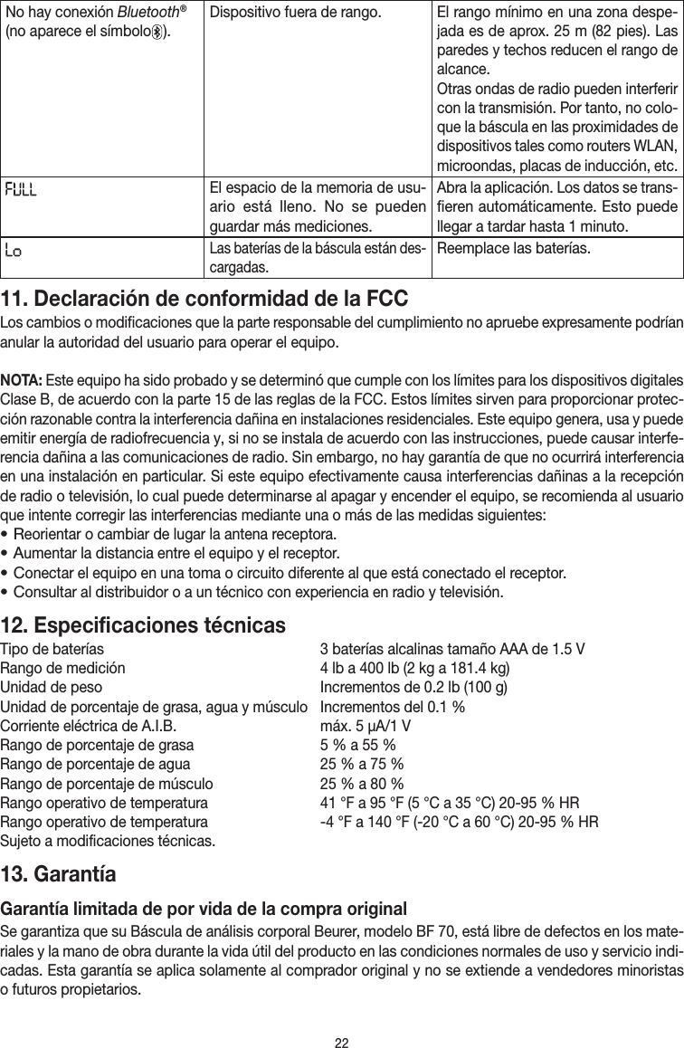 22No hay conexión Bluetooth® (no aparece el símbolo  ).Dispositivo fuera de rango.El rango mínimo en una zona despe-jada es de aprox. 25 m (82 pies). Las paredes y techos reducen el rango de alcance.Otras ondas de radio pueden interferir con la transmisión. Por tanto, no colo-que la báscula en las proximidades de dispositivos tales como routers WLAN, microondas, placas de inducción, etc.El espacio de la memoria de usu-ario está lleno. No se pueden guardar más mediciones.Abra la aplicación. Los datos se trans-fieren automáticamente. Esto puede llegar a tardar hasta 1 minuto.Las baterías de la báscula están des-cargadas. Reemplace las baterías.11. Declaración de conformidad de la FCCLos cambios o modificaciones que la parte responsable del cumplimiento no apruebe expresamente podrían anular la autoridad del usuario para operar el equipo.NOTA: Este equipo ha sido probado y se determinó que cumple con los límites para los dispositivos digitales Clase B, de acuerdo con la parte 15 de las reglas de la FCC. Estos límites sirven para proporcionar protec-ción razonable contra la interferencia dañina en instalaciones residenciales. Este equipo genera, usa y puede emitir energía de radiofrecuencia y, si no se instala de acuerdo con las instrucciones, puede causar interfe-rencia dañina a las comunicaciones de radio. Sin embargo, no hay garantía de que no ocurrirá interferencia en una instalación en particular. Si este equipo efectivamente causa interferencias dañinas a la recepción de radio o televisión, lo cual puede determinarse al apagar y encender el equipo, se recomienda al usuario que intente corregir las interferencias mediante una o más de las medidas siguientes:• Reorientar o cambiar de lugar la antena receptora.• Aumentar la distancia entre el equipo y el receptor.• Conectar el equipo en una toma o circuito diferente al que está conectado el receptor.• Consultar al distribuidor o a un técnico con experiencia en radio y televisión.12. Especificaciones técnicasTipo de baterías   3 baterías alcalinas tamaño AAA de 1.5 VRango de medición   4 lb a 400 lb (2 kg a 181.4 kg)Unidad de peso  Incrementos de 0.2 lb (100 g)Unidad de porcentaje de grasa, agua y músculo  Incrementos del 0.1 %Corriente eléctrica de A.I.B.   máx. 5 μA/1 V Rango de porcentaje de grasa   5 % a 55 %Rango de porcentaje de agua   25 % a 75 %Rango de porcentaje de músculo   25 % a 80 %Rango operativo de temperatura   41 °F a 95 °F (5 °C a 35 °C) 20-95 % HRRango operativo de temperatura   -4 °F a 140 °F (-20 °C a 60 °C) 20-95 % HRSujeto a modificaciones técnicas.13. Garantía Garantía limitada de por vida de la compra originalSe garantiza que su Báscula de análisis corporal Beurer, modelo BF 70, está libre de defectos en los mate-riales y la mano de obra durante la vida útil del producto en las condiciones normales de uso y servicio indi-cadas. Esta garantía se aplica solamente al comprador original y no se extiende a vendedores minoristas o futuros propietarios.