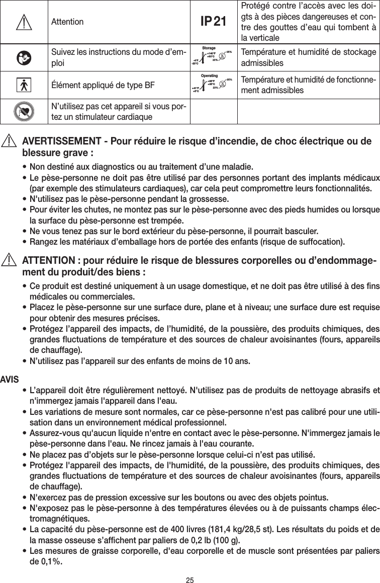 25AttentionIP 21Protégé contre l’accès avec les doi-gts à des pièces dangereuses et con-tre des gouttes d’eau qui tombent à la verticaleSuivez les instructions du mode d’em-ploiStorage20%95%-4°F-20°C+140°F+60°CTempérature et humidité de stockage admissiblesÉlément appliqué de type BFOperating+41°F+5°C+95°F+35°C95%20%Température et humidité de fonctionne-ment admissiblesN’utilisez pas cet appareil si vous por-tez un stimulateur cardiaqueAVERTISSEMENT - Pour réduire le risque d’incendie, de choc électrique ou de blessure grave:• Non destiné aux diagnostics ou au traitement d’une maladie.• Le pèse-personne ne doit pas être utilisé par des personnes portant des implants médicaux (par exemple des stimulateurs cardiaques), car cela peut compromettre leurs fonctionnalités.• N&apos;utilisez pas le pèse-personne pendant la grossesse.• Pour éviter les chutes, ne montez pas sur le pèse-personne avec des pieds humides ou lorsque la surface du pèse-personne est trempée.• Ne vous tenez pas sur le bord extérieur du pèse-personne, il pourrait basculer.• Rangez les matériaux d’emballage hors de portée des enfants (risque de suffocation).ATTENTION: pour réduire le risque de blessures corporelles ou d’endommage-ment du produit/des biens:• Ce produit est destiné uniquement à un usage domestique, et ne doit pas être utilisé à des fins médicales ou commerciales.• Placez le pèse-personne sur une surface dure, plane et à niveau; une surface dure est requise pour obtenir des mesures précises.• Protégez l’appareil des impacts, de l’humidité, de la poussière, des produits chimiques, des grandes fluctuations de température et des sources de chaleur avoisinantes (fours, appareils de chauffage).• N’utilisez pas l’appareil sur des enfants de moins de 10ans.AVIS• L’appareil doit être régulièrement nettoyé. N&apos;utilisez pas de produits de nettoyage abrasifs et n&apos;immergez jamais l&apos;appareil dans l&apos;eau.• Les variations de mesure sont normales, car ce pèse-personne n&apos;est pas calibré pour une utili-sation dans un environnement médical professionnel.• Assurez-vous qu&apos;aucun liquide n&apos;entre en contact avec le pèse-personne. N&apos;immergez jamais le pèse-personne dans l&apos;eau. Ne rincez jamais à l&apos;eau courante.• Ne placez pas d’objets sur le pèse-personne lorsque celui-ci n’est pas utilisé.• Protégez l&apos;appareil des impacts, de l&apos;humidité, de la poussière, des produits chimiques, des grandes fluctuations de température et des sources de chaleur avoisinantes (fours, appareils de chauffage).• N&apos;exercez pas de pression excessive sur les boutons ou avec des objets pointus.• N&apos;exposez pas le pèse-personne à des températures élevées ou à de puissants champs élec-tromagnétiques.• La capacité du pèse-personne est de 400livres (181,4kg/28,5st). Les résultats du poids et de la masse osseuse s’affichent par paliers de 0,2lb (100g).• Les mesures de graisse corporelle, d&apos;eau corporelle et de muscle sont présentées par paliers de 0,1%.