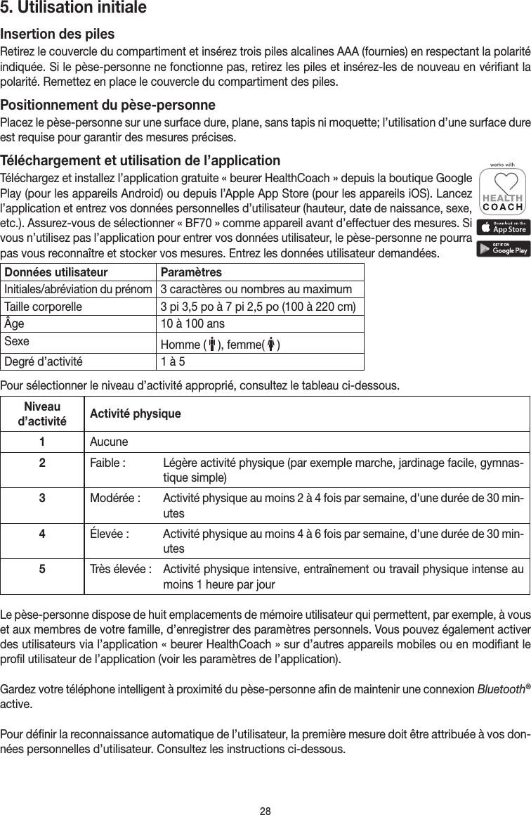 285. Utilisation initialeInsertion des pilesRetirez le couvercle du compartiment et insérez trois piles alcalines AAA (fournies) en respectant la polarité indiquée. Si le pèse-personne ne fonctionne pas, retirez les piles et insérez-les de nouveau en vérifiant la polarité. Remettez en place le couvercle du compartiment des piles.Positionnement du pèse-personnePlacez le pèse-personne sur une surface dure, plane, sans tapis ni moquette; l’utilisation d’une surface dure est requise pour garantir des mesures précises.Téléchargement et utilisation de l’applicationTéléchargez et installez l’application gratuite « beurer HealthCoach » depuis la boutique Google Play (pour les appareils Android) ou depuis l’Apple App Store (pour les appareils iOS). Lancez l’application et entrez vos données personnelles d’utilisateur (hauteur, date de naissance, sexe, etc.). Assurez-vous de sélectionner «BF70» comme appareil avant d’effectuer des mesures. Si vous n’utilisez pas l’application pour entrer vos données utilisateur, le pèse-personne ne pourra pas vous reconnaître et stocker vos mesures. Entrez les données utilisateur demandées. Données utilisateur ParamètresInitiales/abréviation du prénom3caractères ou nombres au maximumTaille corporelle 3pi 3,5po à 7pi 2,5po (100 à 220cm)Âge 10 à 100ansSexe Homme (   ), femme(   )Degré d’activité 1 à 5Pour sélectionner le niveau d’activité approprié, consultez le tableau ci-dessous.Niveau d’activité Activité physique1Aucune2Faible:   Légère activité physique (par exemple marche, jardinage facile, gymnas-tique simple)3Modérée:   Activité physique au moins 2 à 4fois par semaine, d&apos;une durée de 30min-utes4Élevée:   Activité physique au moins 4 à 6fois par semaine, d&apos;une durée de 30min-utes5Très élevée:  Activité physique intensive, entraînement ou travail physique intense au moins 1heure par jourLe pèse-personne dispose de huit emplacements de mémoire utilisateur qui permettent, par exemple, à vous et aux membres de votre famille, d’enregistrer des paramètres personnels. Vous pouvez également activer des utilisateurs via l’application « beurer HealthCoach » sur d’autres appareils mobiles ou en modifiant le profil utilisateur de l’application (voir les paramètres de l’application).Gardez votre téléphone intelligent à proximité du pèse-personne afin de maintenir une connexion Bluetooth® active.Pour définir la reconnaissance automatique de l’utilisateur, la première mesure doit être attribuée à vos don-nées personnelles d’utilisateur. Consultez les instructions ci-dessous.