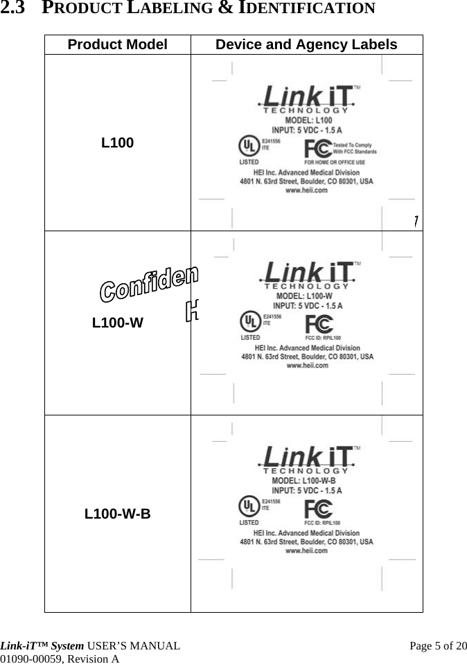  Link-iT™ System USER’S MANUAL  Page 5 of 20 01090-00059, Revision A 2.3 PRODUCT LABELING &amp; IDENTIFICATION Product Model  Device and Agency Labels L100  L100-W  L100-W-B  