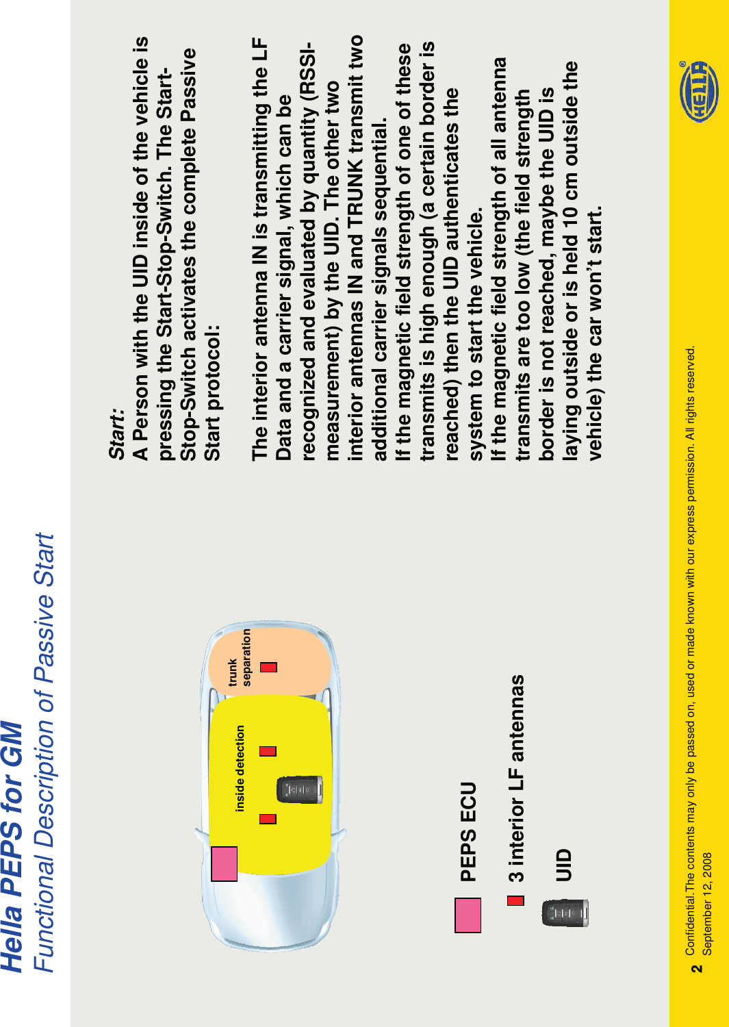 2September 12, 2008Confidential.The contents may only be passed on, used or made known with our express permission. All rights reserved.2Hella PEPS for GMFunctional Description of Passive StartPEPS ECU3 interior LF antennasUIDStart:A Person with the UID inside of the vehicle is pressing the Start-Stop-Switch. The Start-Stop-Switch activates the complete Passive Start protocol:The interior antenna IN is transmitting the LF Data and a carrier signal, which can be recognized and evaluated by quantity (RSSI-measurement) by the UID. The other two interior antennas IN and TRUNK transmit two additional carrier signals sequential.If the magnetic field strength of one of these transmits is high enough (a certain border is reached) then the UID authenticates the system to start the vehicle.If the magnetic field strength of all antenna transmits are too low (the field strengthborder is not reached, maybe the UID is laying outside or is held 10 cm outside the vehicle) the car won’t start.inside detection trunk separation