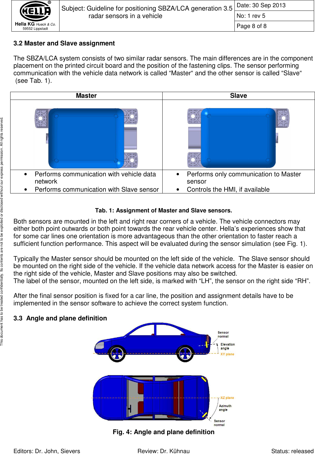  Hella KG Hueck &amp; Co. 59552 Lippstadt Subject: Guideline for positioning SBZA/LCA generation 3.5 radar sensors in a vehicle  Date: 30 Sep 2013 No: 1 rev 5 Page 8 of 8   Editors: Dr. John, Sievers  Review: Dr. Kühnau  Status: released This document has to be treated confidentially. Its contents are not to be exploited or disclosed without our express permission. All rights reserved. 3.2 Master and Slave assignment  The SBZA/LCA system consists of two similar radar sensors. The main differences are in the component placement on the printed circuit board and the position of the fastening clips. The sensor performing communication with the vehicle data network is called “Master“ and the other sensor is called “Slave“  (see Tab. 1).  Master  Slave     •  Performs communication with vehicle data network •  Performs communication with Slave sensor •  Performs only communication to Master sensor •  Controls the HMI, if available  Tab. 1: Assignment of Master and Slave sensors. Both sensors are mounted in the left and right rear corners of a vehicle. The vehicle connectors may either both point outwards or both point towards the rear vehicle center. Hella’s experiences show that for some car lines one orientation is more advantageous than the other orientation to faster reach a sufficient function performance. This aspect will be evaluated during the sensor simulation (see Fig. 1).  Typically the Master sensor should be mounted on the left side of the vehicle.  The Slave sensor should be mounted on the right side of the vehicle. If the vehicle data network access for the Master is easier on the right side of the vehicle, Master and Slave positions may also be switched.  The label of the sensor, mounted on the left side, is marked with “LH”, the sensor on the right side “RH”.  After the final sensor position is fixed for a car line, the position and assignment details have to be implemented in the sensor software to achieve the correct system function.  3.3  Angle and plane definition  Fig. 4: Angle and plane definition 