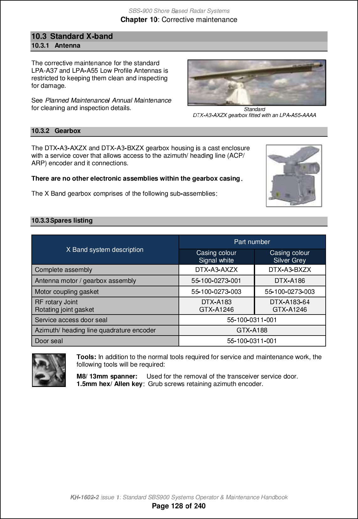 SBS-900 ShoreBaBasedRadar SystemsChapter1010:Corrective maintenanceKHKH-1602 2issue 1:Standard SBS900 Systems Operator &amp; Maintenance HandbookPage128of24010.3Standard Xband10.3.1AntennaThe corrective maintenancefor the standardLPA-A37 and LPA-A55Low Profile Antennas isrestricted to keeping them clean and inspectingfor damage.SeePlanned MaintenanceAnnual Maintenancefor cleaning and inspection details.StandardDTXTXA3A3-AXZX gearbox fitted with an LPA-A55 AAAA10.3.2GearboxTheDTX-A3A3-AXZX and DTX-A3A3-BXZX gearbox housingisa cast enclosurewithaservicecoverthat allows access to theazimuth/ heading line (ACP/ARP) encoder and it connections.There are no other electronic assemblies within the gearbox casing.TheX Band gearboxcomprisesofthe followingsub-assemblies10.3.3Spares listingX Bandsystem descriptionPart numberCasing colourSignal whiteCasing colourSilver GreyComplete assemblyDTX-A3A3-AXZXDTX-A3A3-BXZXAntenna motor / gearbox assembly5555-100-0273001DTX-A186Motor coupling gasket5555-100-02730035555-100-0273003RF rotaryJointRotating joint gasketDTX-A183GTX-A1246DTX-A1836464GTX-A1246Service access door seal5555-100-0311001Azimuth/ heading line quadrature encoderGTX-A188Door seal5555-100-0311001Tools:In addition to the normal tools required for service andmaintenance work, thefollowing tools will be required:M8/ 13mmspanner:Used for the removal of the transceiver service door.1.5mm hex/ Allen key: Grub screws retaining azimuth encoder.