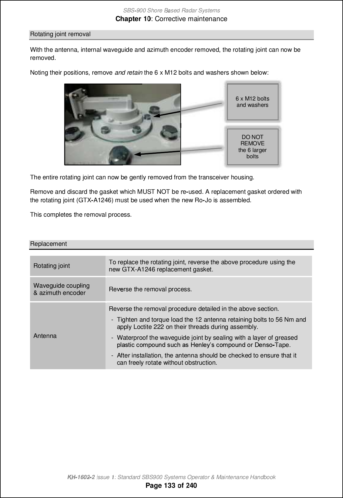 SBS-900 ShoreBaBasedRadar SystemsChapter1010:Corrective maintenanceKHKH-1602 2issue 1:Standard SBS900 Systems Operator &amp; Maintenance HandbookPage133of240Rotating joint removalWith the antenna, internal waveguide and azimuth encoder removed, the rotating joint can now beremoved.Noting their positions, removeand retainthe 6 x M12 bolts and washers shown below:The entire rotating joint can now be gently removed from the transceiver housing.Remove and discard the gasket which MUST NOT berere-used. A replacement gasket ordered withthe rotating joint (GTX-A1246) must be used when the new Ro-Jo is assembled.This completes the removal process.ReplacementRotating jointTo replace the rotating joint, reverse the above procedureusing thenew GTX-A1246 replacementgasket.Waveguide coupling&amp; azimuth encoderReverse the removal process.AntennaReverse the removal procedure detailed in the above section.-Tighten and torque load the 12 antenna retaining bolts to 56 Nm andapplyLoctite 222 on their threads during assembly.-Waterproof the waveguide joint by sealing with a layer of greasedNJ?QRGAAMK NMSLBQSAF?Q+ CLJCWfQAMK NMSLBMP&apos; CLQMTape.-After installation, the antenna should be checked to ensure that itcan freely rotate without obstruction.6 x M12 boltsand washersDO NOTREMOVEthe 6 largerbolts