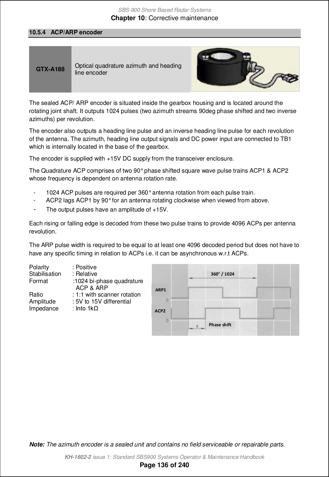 SBS-900 Shore Based Radar SystemsChapter 10: Corrective maintenanceKH-1602-2 issue 1: Standard SBS900 Systems Operator &amp; Maintenance HandbookPage 136 of 24010.5.4 ACP/ARP encoderGTX-A188 Optical quadrature azimuth and headingline encoderThe sealed ACP/ ARP encoder is situated inside the gearbox housing and is located around therotating joint shaft. It outputs 1024 pulses (two azimuth streams 90deg phase shifted and two inverseazimuths) per revolution.The encoder also outputs a heading line pulse and an inverse heading line pulse for each revolutionof the antenna. The azimuth, heading line output signals and DC power input are connected to TB1which is internally located in the base of the gearbox.The encoder is supplied with +15V DC supply from the transceiver enclosure.The Quadrature ACP comprises of two 90° phase shifted square wave pulse trains ACP1 &amp; ACP2whose frequency is dependent on antenna rotation rate.- 1024 ACP pulses are required per 360° antenna rotation from each pulse train.- ACP2 lags ACP1 by 90° for an antenna rotating clockwise when viewed from above.-The output pulses have an amplitude of +15V.Each rising or falling edge is decoded from these two pulse trains to provide 4096 ACPs per antennarevolution.The ARP pulse width is required to be equal to at least one 4096 decoded period but does not have tohave any specific timing in relation to ACPs i.e. it can be asynchronous w.r.t ACPs.Polarity : PositiveStabilisation : RelativeFormat :1024 bi-phase quadratureACP &amp; ARPRatio : 1:1 with scanner rotationAmplitude : 5V to 15V differentialImpedance 9 Hhni 0e|&apos;)$8 # %$&amp;(*.-%*+-&amp;-3/61 63427Note: The azimuth encoder is a sealed unit and contains no field serviceable or repairable parts.