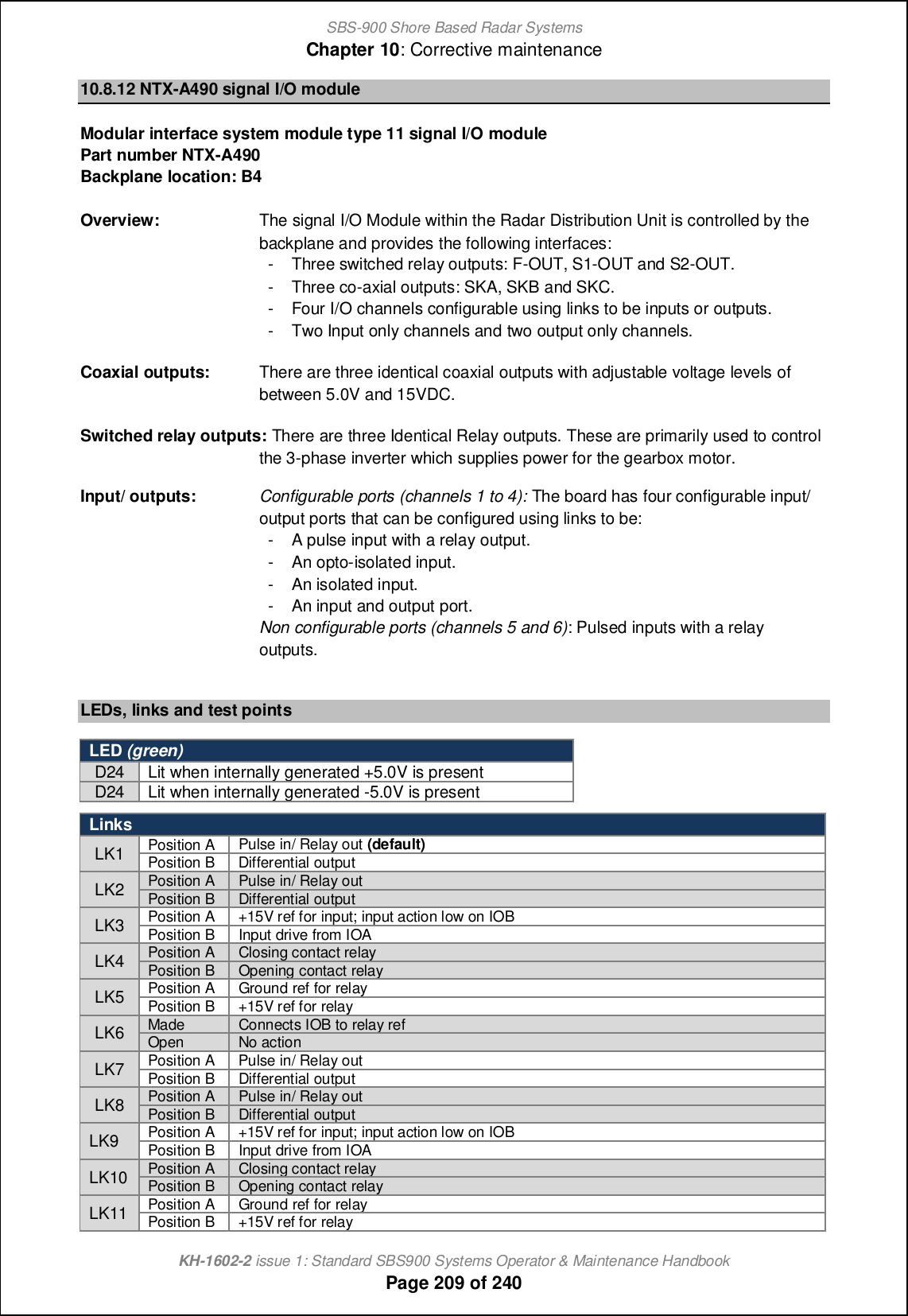 SBS-900 Shore Based Radar SystemsChapter 10: Corrective maintenanceKH-1602-2 issue 1: Standard SBS900 Systems Operator &amp; Maintenance HandbookPage 209 of 24010.8.12 NTX-A490 signal I/O moduleModular interface system module type 11 signal I/O modulePart number NTX-A490Backplane location: B4Overview: The signal I/O Module within the Radar Distribution Unit is controlled by thebackplane and provides the following interfaces:- Three switched relay outputs: F-OUT, S1-OUT and S2-OUT.- Three co-axial outputs: SKA, SKB and SKC.- Four I/O channels configurable using links to be inputs or outputs.- Two Input only channels and two output only channels.Coaxial outputs: There are three identical coaxial outputs with adjustable voltage levels ofbetween 5.0V and 15VDC.Switched relay outputs: There are three Identical Relay outputs. These are primarily used to controlthe 3-phase inverter which supplies power for the gearbox motor.Input/ outputs: Configurable ports (channels 1 to 4): The board has four configurable input/output ports that can be configured using links to be:- A pulse input with a relay output.- An opto-isolated input.- An isolated input.- An input and output port.Non configurable ports (channels 5 and 6): Pulsed inputs with a relayoutputs.LEDs, links and test pointsLED (green)D24Lit wheninternally generated +5.0V is presentD24Lit wheninternally generated-5.0V is presentLinksLK1Position APulse in/ Relay out(default)Position B Differential outputLK2 Position A Pulse in/ Relay outPosition BDifferential outputLK3 Position A +15V ref for input; input action low on IOBPosition BInput drive from IOALK4 Position A Closing contact relayPosition BOpeningcontact relayLK5Position AGround ref for relayPosition B +15V ref for relayLK6MadeConnects IOB to relay refOpen No actionLK7 Position A Pulse in/ Relay outPosition BDifferential outputLK8 Position A Pulse in/ Relay outPosition BDifferential outputLK9 Position A +15V ref for input; input action low on IOBPosition BInput drive from IOALK10Position AClosing contact relayPosition B Opening contact relayLK11Position AGround ref for relayPosition B +15V ref for relay