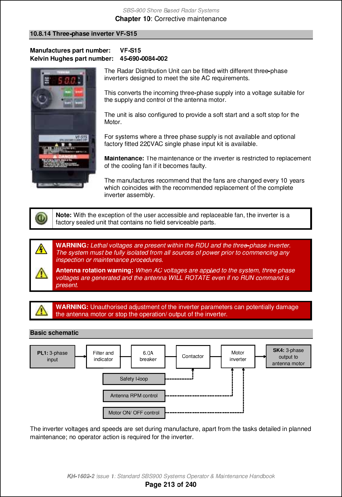SBS-900 ShoreBaBasedRadar SystemsChapter1010:Corrective maintenanceKHKH-1602 2issue 1:Standard SBS900 Systems Operator &amp; Maintenance HandbookPage213of24010.8.14Three-phaseinverterVFVF-S15Manufactures part number:VFVF-S15Kelvin Hughes part number:4545-690-0084002TheRadar Distribution Unitcan be fitted with differentthreephaseinverters designed to meet the site AC requirements.This converts the incoming three-phase supply into a voltage suitable forthe supply and control of the antenna motor.The unit is also configuredtoprovide a soft start and a soft stop for theMotor.For systems where a three phase supply is not availableand optionalfactory fitted 220VACsingle phase input kit is available.Maintenance:The maintenance or the inverter is restricted to replacementof the cooling fan if it becomes faulty.The manufactures recommend that the fans are changed every 10yearswhich coincides with the recommended replacement of the completeinverter assembly.Note:With the exception of the user accessible and replaceable fan, the inverter is afactory sealed unit that contains no field serviceable parts.WARNING:Lethal voltages are present within the RDU and the three-phase inverter.The system must be fully isolated from all sources of power prior to commencing anyinspection ormaintenance procedures.Antenna rotation warning:When AC voltages are applied to the system, three phasevoltages are generated and the antenna WILL ROTATE even if no RUN command ispresent.WARNING:Unauthorised adjustment of the inverter parameters can potentially damagethe antenna motor or stop the operation/ output of the inverter.Basic schematicThe inverter voltagesand speeds areset during manufacture, apart from the tasks detailed in plannedmaintenance;no operator action is required for the inverter.PLPL1:3-phaseinputFilter andindicator6.0AbreakerContactorMotorinverterSafety IloopAntenna RPM controlMotor ON/ OFF controlSK4:3-phaseoutput toantenna motor