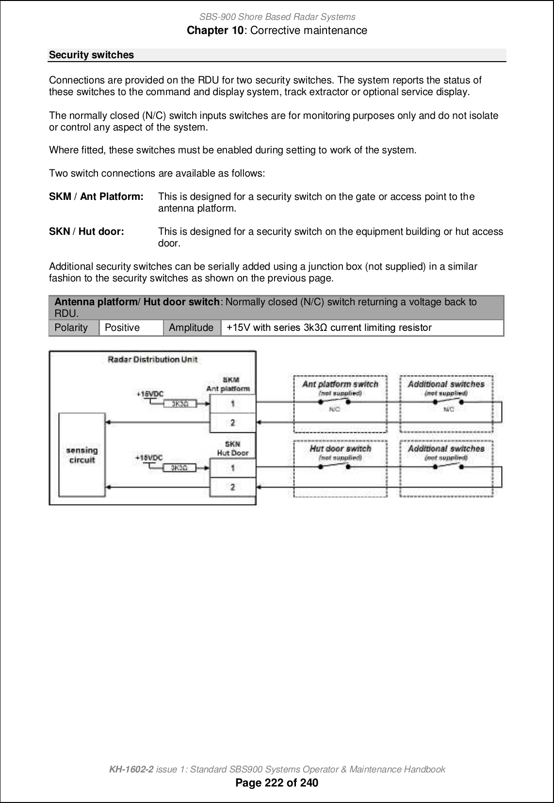 SBS-900 Shore Based Radar SystemsChapter 10: Corrective maintenanceKH-1602-2 issue 1: Standard SBS900 Systems Operator &amp; Maintenance HandbookPage 222 of 240Security switchesConnections are provided on the RDU for two security switches. The system reports the status ofthese switches to the command and display system, track extractor or optional service display.The normally closed (N/C) switch inputs switches are for monitoring purposes only and do not isolateor control any aspect of the system.Where fitted, these switches must be enabled during setting to work of the system.Two switch connections are available as follows:SKM / Ant Platform: This is designed for a security switch on the gate or access point to theantenna platform.SKN / Hut door: This is designed for a security switch on the equipment building or hut accessdoor.Additional security switches can be serially added using a junction box (not supplied) in a similarfashion to the security switches as shown on the previous page.Antenna platform/ Hut door switch: Normally closed (N/C) switch returning a voltage back toRDU.Polarity Positive Amplitude *04U qcnb m_lc_m 2e2  ]oll_hn fcgcncha l_mcmnil