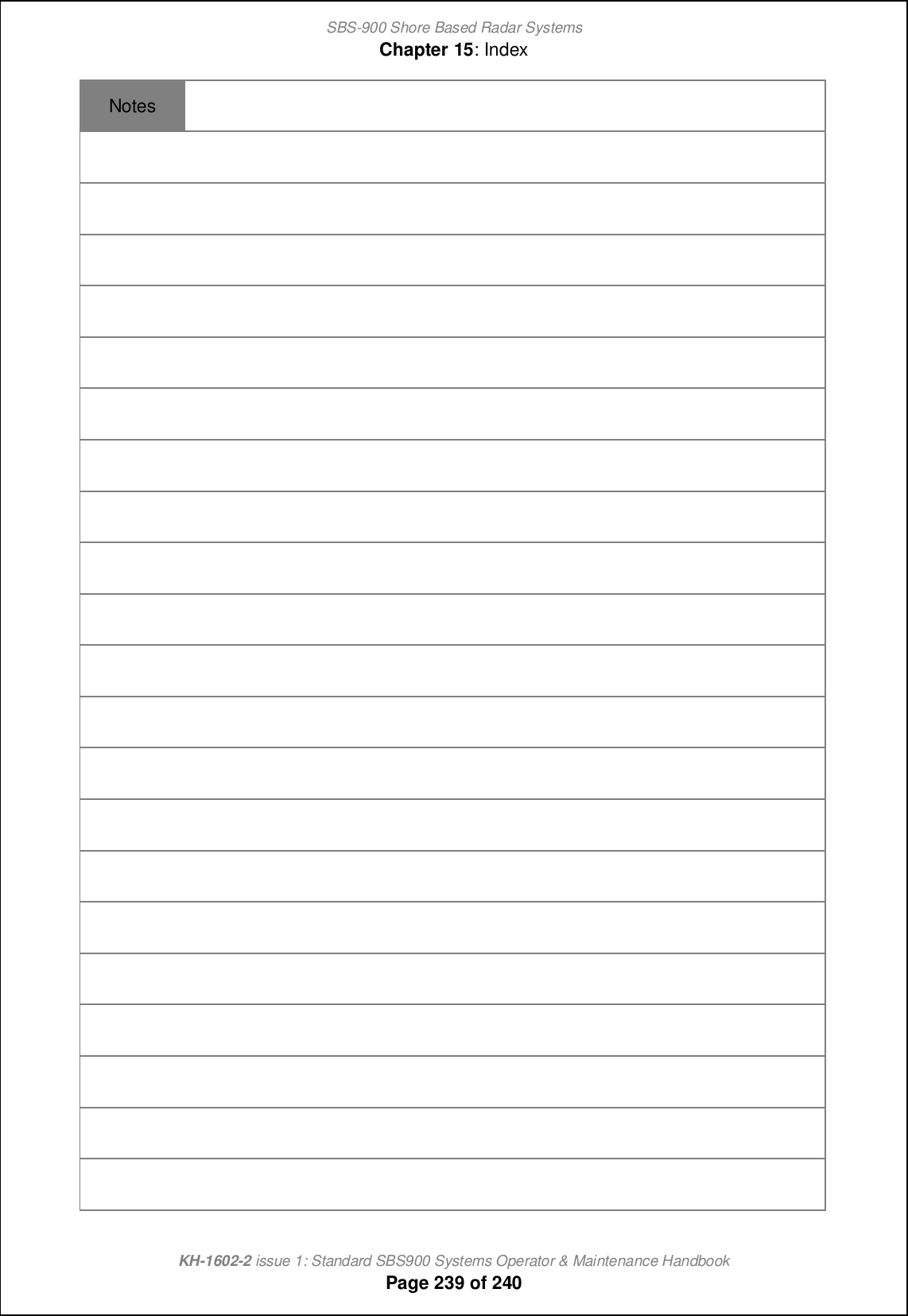 SBS-900 Shore Based Radar SystemsChapter 15: IndexKH-1602-2 issue 1: Standard SBS900 Systems Operator &amp; Maintenance HandbookPage 239 of 240Notes