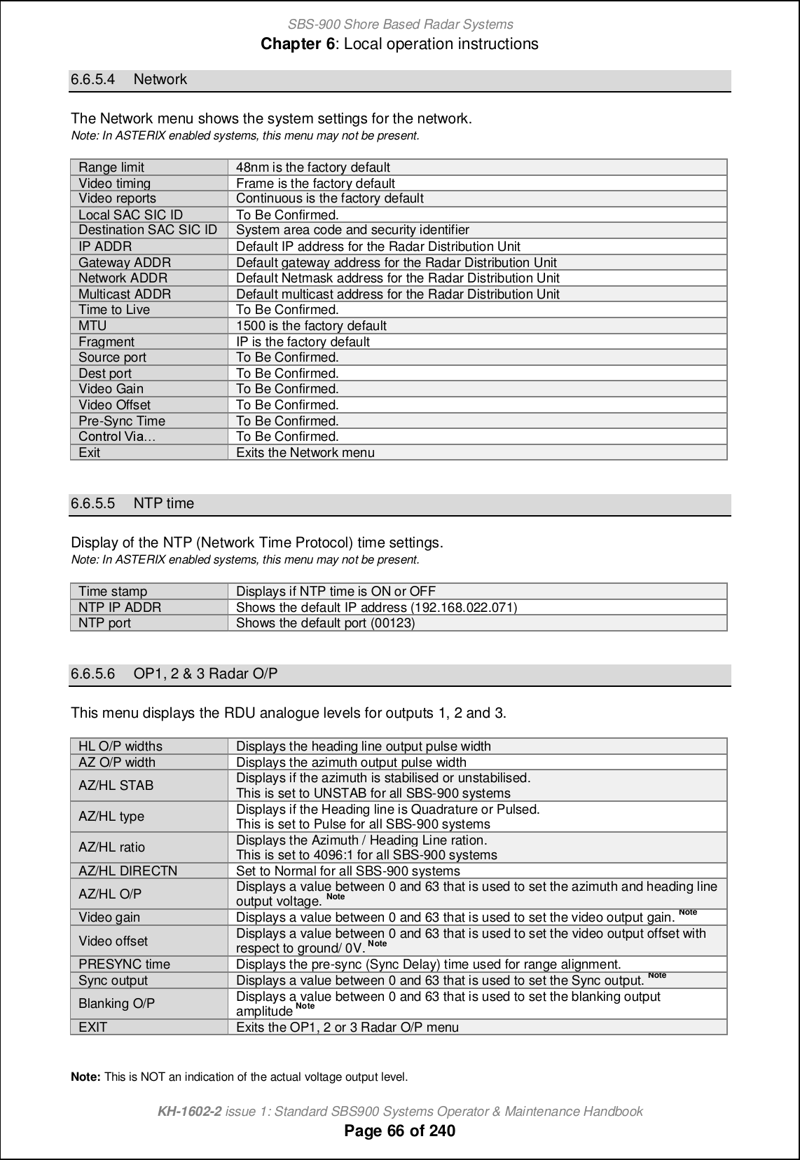SBS-900 Shore Based Radar SystemsChapter 6: Local operation instructionsKH-1602-2 issue 1: Standard SBS900 Systems Operator &amp; Maintenance HandbookPage 66 of 2406.6.5.4 NetworkThe Network menu shows the system settings for the network.Note: In ASTERIX enabled systems, this menu may not be present.Range limit 48nm is the factory defaultVideotimingFrame is the factory defaultVideo reports Continuous is the factory defaultLocal SAC SIC IDTo Be Confirmed.Destination SAC SIC ID System area code and security identifierIP ADDR Default IP address for the Radar Distribution UnitGatewayADDRDefault gateway address for the Radar Distribution UnitNetwork ADDR Default Netmask address for the Radar Distribution UnitMulticast ADDRDefault multicast address for the Radar Distribution UnitTime to Live To Be Confirmed.MTU 1500 is the factory defaultFragmentIP is the factory defaultSource port To Be Confirmed.Dest portTo Be Confirmed.Video Gain To Be Confirmed.Video Offset To Be Confirmed.Pre-Sync TimeTo Be Confirmed.Bihnlif Uc[} To Be Confirmed.ExitExits the Networkmenu6.6.5.5 NTP timeDisplay of the NTP (Network Time Protocol) time settings.Note: In ASTERIX enabled systems, this menu may not be present.Time stamp Displays if NTP time is ON or OFFNTP IP ADDRShows the default IPaddress (192.168.022.071)NTP port Shows the default port (00123)6.6.5.6 OP1, 2 &amp; 3 Radar O/PThis menu displays the RDU analogue levels for outputs 1, 2 and 3.HL O/P widths Displays the heading line output pulse widthAZO/P widthDisplays the azimuth output pulse widthAZ/HL STAB Displays if the azimuth is stabilised or unstabilised.This is set to UNSTAB for all SBS-900 systemsAZ/HL type Displays if the Heading line is Quadrature or Pulsed.This is set to Pulse for all SBS-900 systemsAZ/HL ratio Displays the Azimuth / Heading Line ration.This is set to 4096:1 for all SBS-900 systemsAZ/HL DIRECTNSet to Normal for all SBS-900 systemsAZ/HL O/PDisplays a value between 0 and 63 that is used to set the azimuth and heading lineoutput voltage. NoteVideo gain Displays a value between 0 and 63 that is used to set the video output gain.NoteVideo offset Displays a value between 0 and 63 that is used to set the video output offset withrespect to ground/ 0V.NotePRESYNC time Displays the pre-sync (Sync Delay) time used for range alignment.Sync outputDisplays a value between 0 and 63 that is used to set the Sync output.NoteBlanking O/P Displays a value between 0 and 63 that is used to set the blanking outputamplitude NoteEXITExits the OP1, 2 or 3 Radar O/P menuNote: This is NOT an indication of the actual voltage output level.