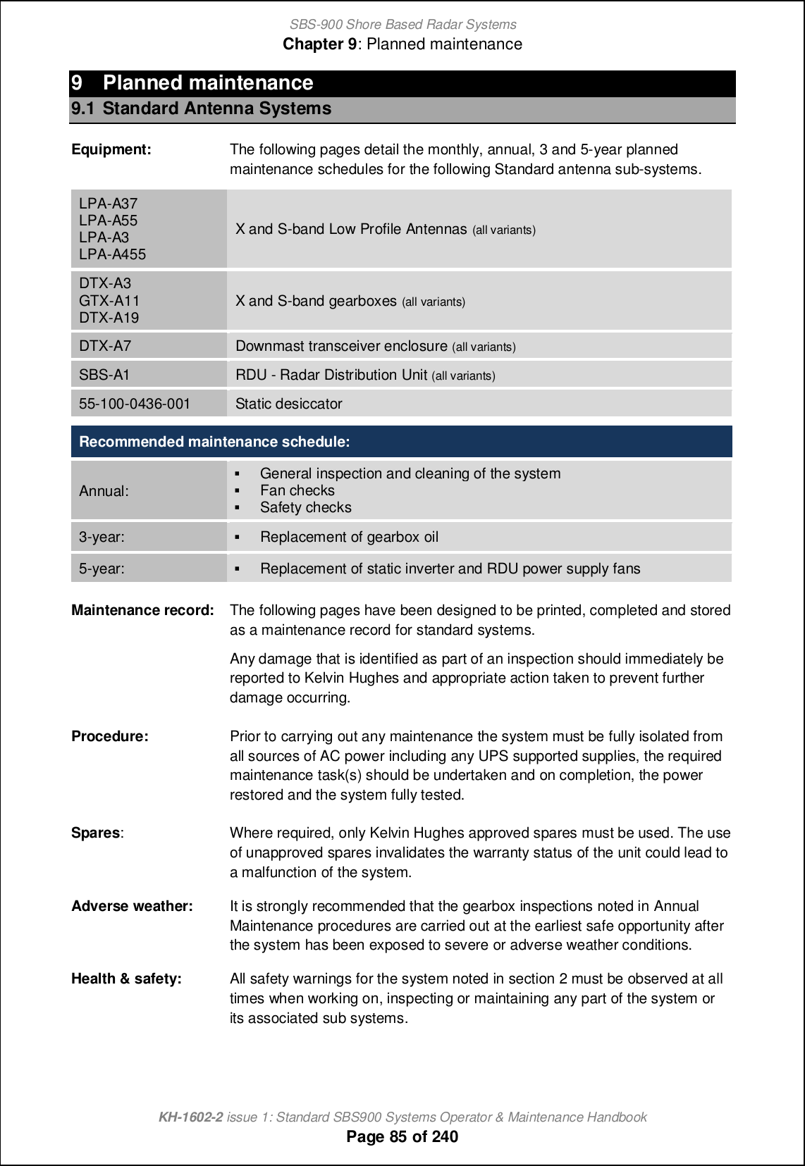 SBS-900 Shore Based Radar SystemsChapter 9: Planned maintenanceKH-1602-2 issue 1: Standard SBS900 Systems Operator &amp; Maintenance HandbookPage 85 of 2409 Planned maintenance9.1 Standard Antenna SystemsEquipment: The following pages detail the monthly, annual, 3 and 5-year plannedmaintenance schedules for the following Standard antenna sub-systems.LPA-A37LPA-A55LPA-A3LPA-A455X and S-band Low Profile Antennas (all variants)DTX-A3GTX-A11DTX-A19 X and S-band gearboxes (all variants)DTX-A7 Downmast transceiver enclosure (all variants)SBS-A1 RDU - Radar Distribution Unit (all variants)55-100-0436-001 Static desiccatorRecommended maintenance schedule:Annual:(General inspection and cleaning of the system(Fan checks(Safety checks3-year: (Replacement of gearbox oil5-year: (Replacement of static inverter and RDU power supply fansMaintenance record: The following pages have been designed to be printed, completed and storedas a maintenance record for standard systems.Any damage that is identified as part of an inspection should immediately bereported to Kelvin Hughes and appropriate action taken to prevent furtherdamage occurring.Procedure: Prior to carrying out any maintenance the system must be fully isolated fromall sources of AC power including any UPS supported supplies, the requiredmaintenance task(s) should be undertaken and on completion, the powerrestored and the system fully tested.Spares: Where required, only Kelvin Hughes approved spares must be used. The useof unapproved spares invalidates the warranty status of the unit could lead toa malfunction of the system.Adverse weather: It is strongly recommended that the gearbox inspections noted in AnnualMaintenance procedures are carried out at the earliest safe opportunity afterthe system has been exposed to severe or adverse weather conditions.Health &amp; safety: All safety warnings for the system noted in section 2 must be observed at alltimes when working on, inspecting or maintaining any part of the system orits associated sub systems.