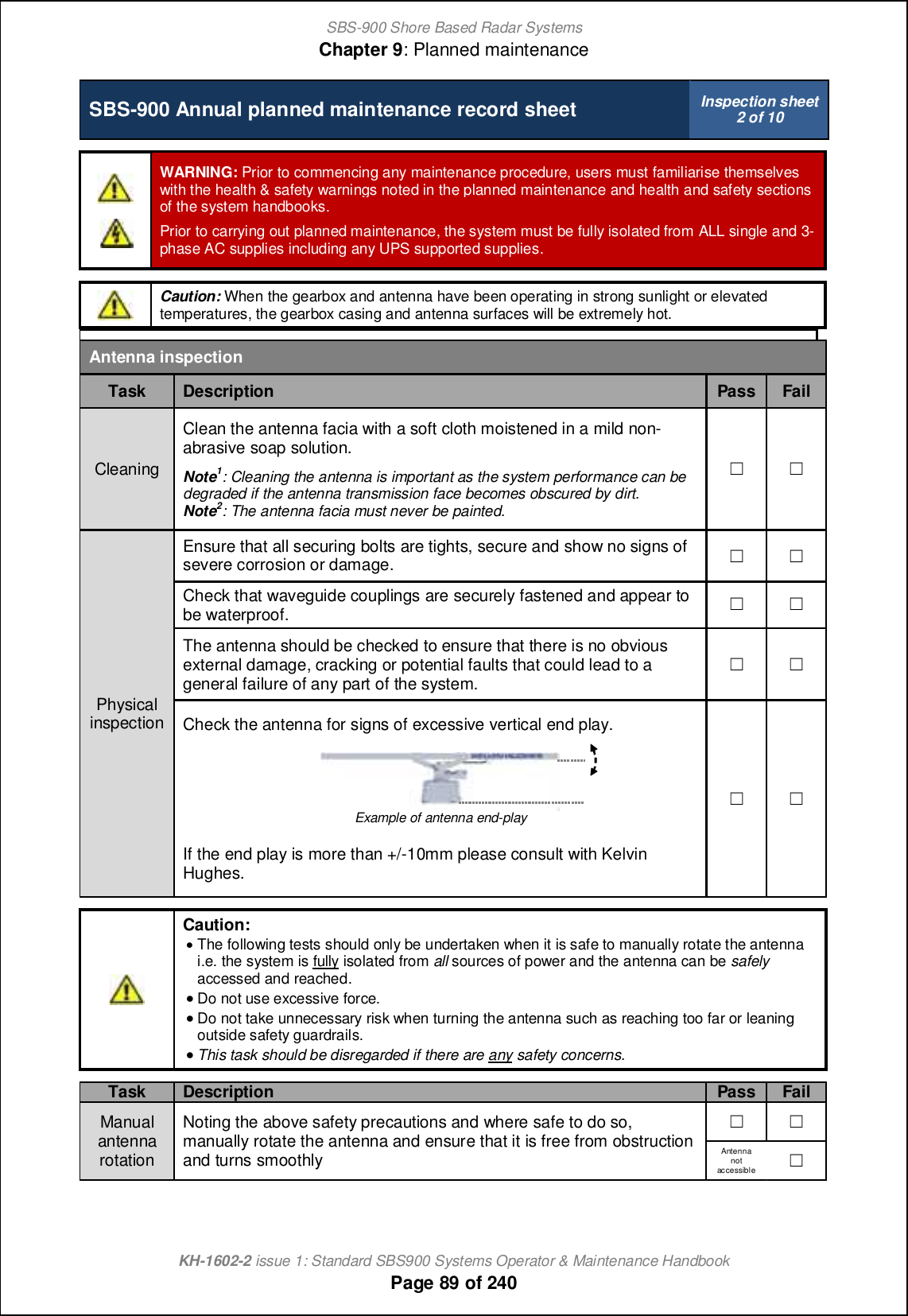 SBS-900 Shore Based Radar SystemsChapter 9: Planned maintenanceKH-1602-2 issue 1: Standard SBS900 Systems Operator &amp; Maintenance HandbookPage 89 of 240SBS-900 Annual planned maintenance record sheet Inspection sheet2 of 10WARNING: Prior to commencing any maintenance procedure, users must familiarise themselveswith the health &amp; safety warnings noted in the planned maintenance and health and safety sectionsof the system handbooks.Prior to carrying out planned maintenance, the system must be fully isolated from ALL single and 3-phase AC supplies including any UPS supported supplies.Caution: When the gearbox and antenna have been operating in strong sunlight or elevatedtemperatures, the gearbox casing and antenna surfaces will be extremely hot.Antenna inspectionTask Description Pass FailCleaningClean the antenna facia with a soft cloth moistened in a mild non-abrasive soap solution.Note1: Cleaning the antenna is important as the system performance can bedegraded if the antenna transmission face becomes obscured by dirt.Note2: The antenna facia must never be painted.&apos; &apos;PhysicalinspectionEnsure that all securing bolts are tights, secure and show no signs ofsevere corrosion or damage. &apos; &apos;Check that waveguide couplings are securely fastened and appear tobe waterproof. &apos; &apos;The antenna should be checked to ensure that there is no obviousexternal damage, cracking or potential faults that could lead to ageneral failure of any part of the system.&apos; &apos;Check the antenna for signs of excessive vertical end play.Example of antenna end-playIf the end play is more than +/-10mm please consult with KelvinHughes.&apos; &apos;Caution:&apos;The following tests should only be undertaken when it is safe to manually rotate the antennai.e. the system is fully isolated from all sources of power and the antenna can be safelyaccessed and reached.&apos;Do not use excessive force.&apos;Do not take unnecessary risk when turning the antenna such as reaching too far or leaningoutside safety guardrails.&apos;This task should be disregarded if there are any safety concerns.Task Description Pass FailManualantennarotationNoting the above safety precautions and where safe to do so,manually rotate the antenna and ensure that it is free from obstructionand turns smoothly&apos; &apos;Antennanotaccessible &apos;