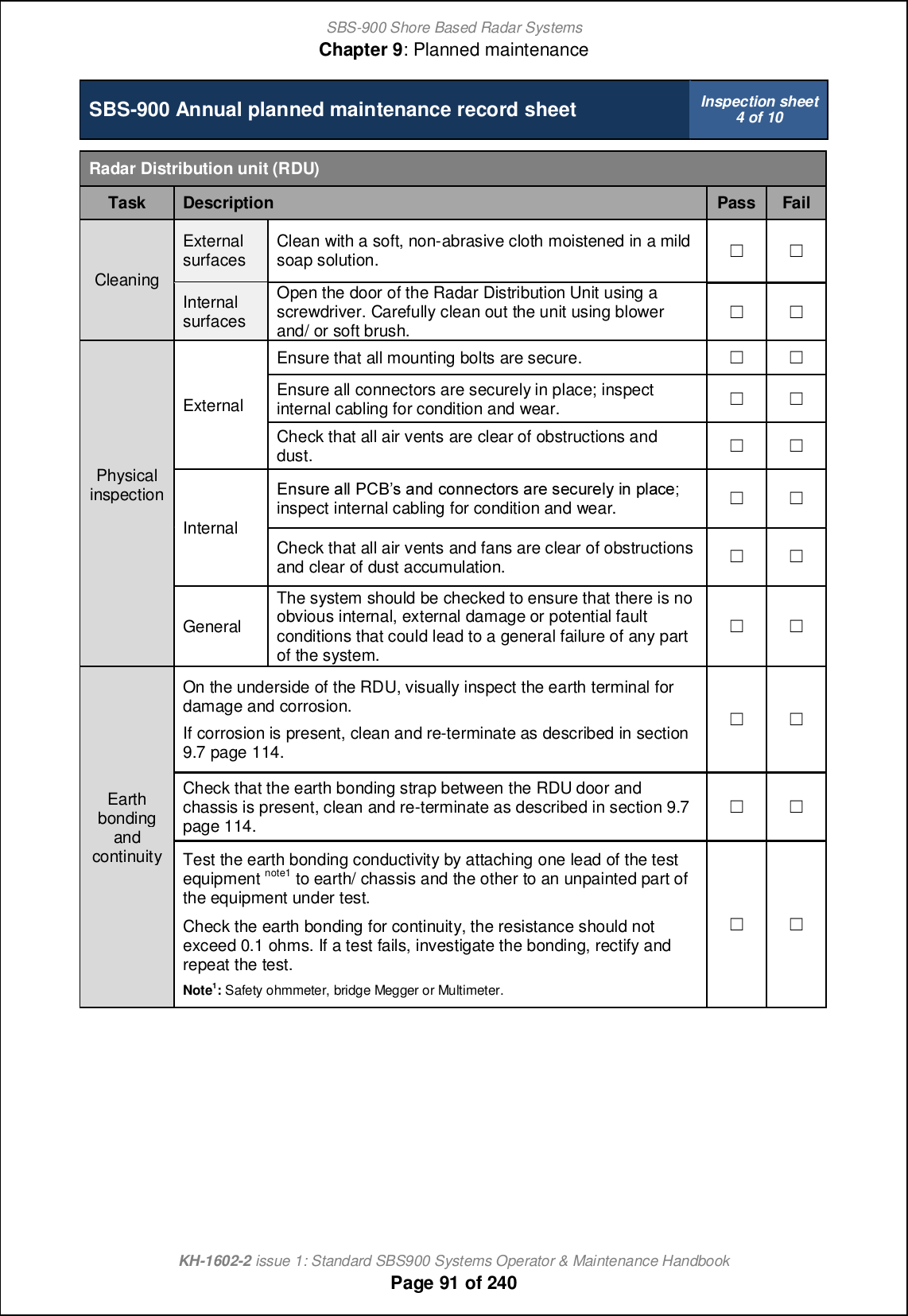 SBS-900 Shore Based Radar SystemsChapter 9: Planned maintenanceKH-1602-2 issue 1: Standard SBS900 Systems Operator &amp; Maintenance HandbookPage 91 of 240SBS-900 Annual planned maintenance record sheet Inspection sheet4 of 10Radar Distribution unit (RDU)Task Description Pass FailCleaningExternalsurfaces Clean with a soft, non-abrasive cloth moistened in a mildsoap solution. &apos; &apos;InternalsurfacesOpen the door of the Radar Distribution Unit using ascrewdriver. Carefully clean out the unit using blowerand/ orsoft brush.&apos; &apos;PhysicalinspectionExternalEnsure that all mounting bolts are secure. &apos; &apos;Ensure all connectors are securely in place; inspectinternal cabling for condition and wear. &apos; &apos;Check that all air vents are clear of obstructions anddust. &apos; &apos;InternalDhmol_ [ff OBAm [h^ ]ihh_]nilm [l_ m_]ol_fs ch jf[]_; inspect internal cabling for condition and wear. &apos; &apos;Check that all air vents and fans are clear of obstructionsand clear of dust accumulation. &apos; &apos;GeneralThe system should be checked to ensure that there is noobvious internal, external damage or potential faultconditions that could lead to a general failure of any partof the system.&apos; &apos;EarthbondingandcontinuityOn the underside of the RDU, visually inspect the earth terminal fordamage and corrosion.If corrosion is present, clean and re-terminate as described in section9.7 page 114.&apos; &apos;Check that the earth bonding strap between the RDU door andchassis is present, clean and re-terminate as described in section 9.7page 114.&apos; &apos;Test the earth bonding conductivity by attaching one lead of the testequipment note1 to earth/ chassis and the other to an unpainted part ofthe equipment under test.Check the earth bonding for continuity, the resistance should notexceed 0.1 ohms. If a test fails, investigate the bonding, rectify andrepeat the test.Note1:Safety ohmmeter, bridge Megger or Multimeter.&apos; &apos;