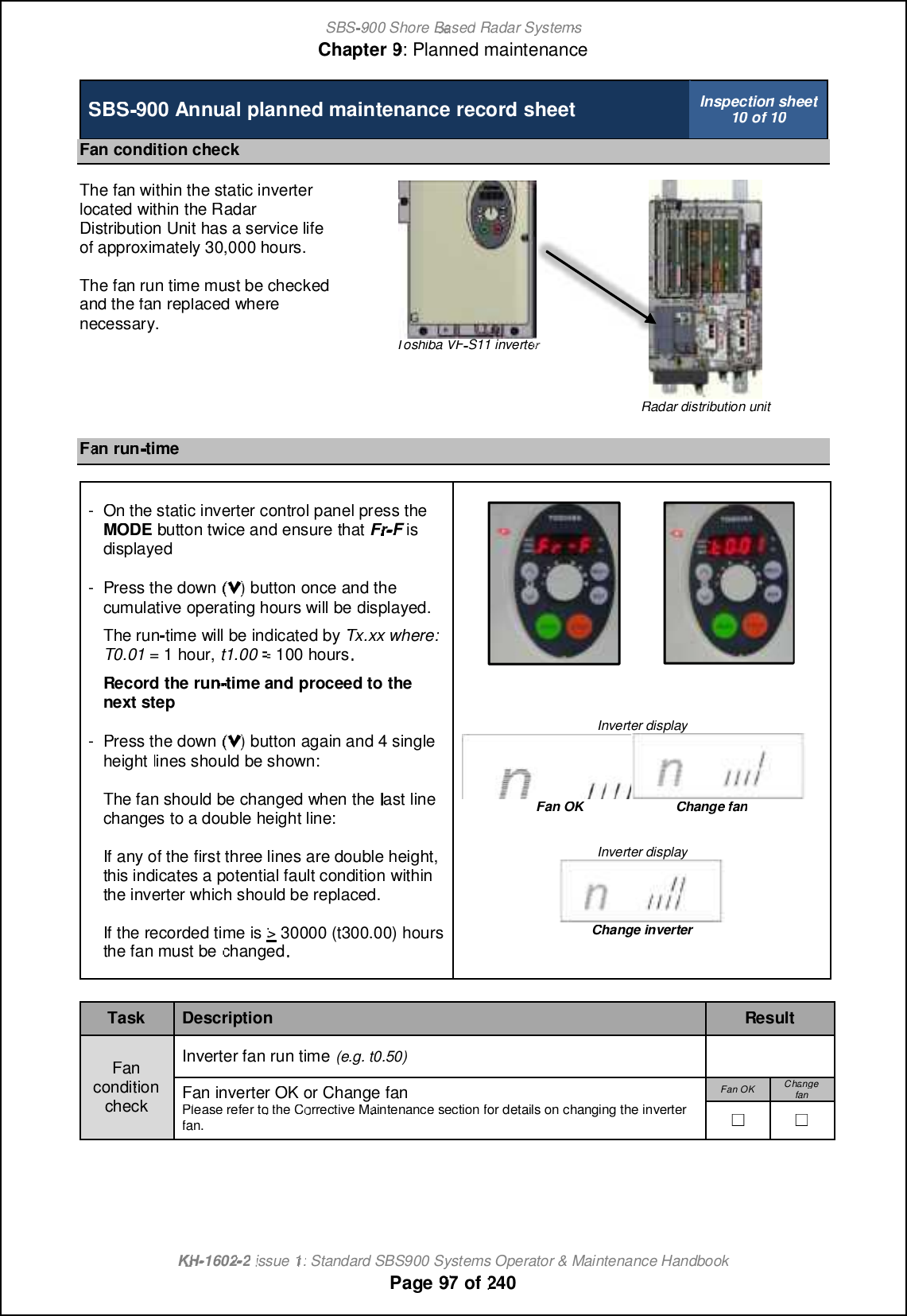 SBS-900 ShoreBaBasedRadar SystemsChapter9:Planned maintenanceKHKH-1602 2issue 1:Standard SBS900 Systems Operator &amp; Maintenance HandbookPage9797of240SBS900Annualplanned maintenancerecord sheetInspection sheet10 of 10Fan condition checkThefan within the static inverterlocated within the RadarDistribution Unit has a service lifeof approximately 30,000 hours.The fan run time must be checkedand the fan replaced wherenecessary.Toshiba VFS11 inverterRadar distribution unitFan runtime-On the static inverter control panel press theMODEbutton twice and ensure thatFrFrFisdisplayed-Press the down ($) button once and thecumulative operating hours will bedisplayed.The runtime will be indicated byTx.xx where:T0.01= 1 hour,t1.00= 100 hoursRecord the run-time and proceed to thenext step-Press the down ($) button again and 4singleheightlines should be shown:The fan should be changed when thelast linechanges to a double height line:If any of the first three lines are double height,this indicates a potential fault condition withinthe inverter which should be replaced.If the recorded time is&gt;30000(t300.00)hoursthe fan must bechangedInverter displayFan OKChange fanInverter displayChange inverterTaskDescriptionResultFanconditioncheckInverter fan run time(e.g. t0.50)Fan inverter OK or Change fanPlease refer tothe CorrectiveMaintenancesectionfor details on changing theinverterfan.Fan OKChangeChangefan&apos;&apos;