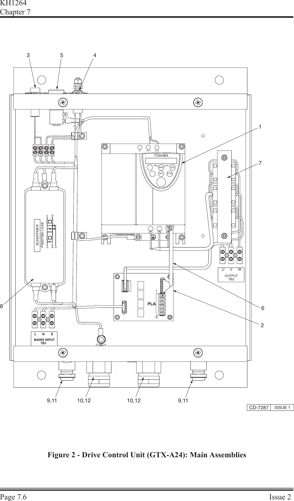 KH1264Chap ter  7Page  7.6Is sue  2CD-7287 ISSUE 1TOSHIBAPRG RUN RUNMONENT STOPE  R/L1  S/L2UT/1  VT/2  W/T1L  EPLASCHAFFNERFN2070M-12-06PNEPN16TB1U V WOUTPUTTB27623 5 48NMAINS INPUT9,11 10,12 9,1110,12Figure 2 - Drive Control Unit (GTX-A24): Main Assemblies