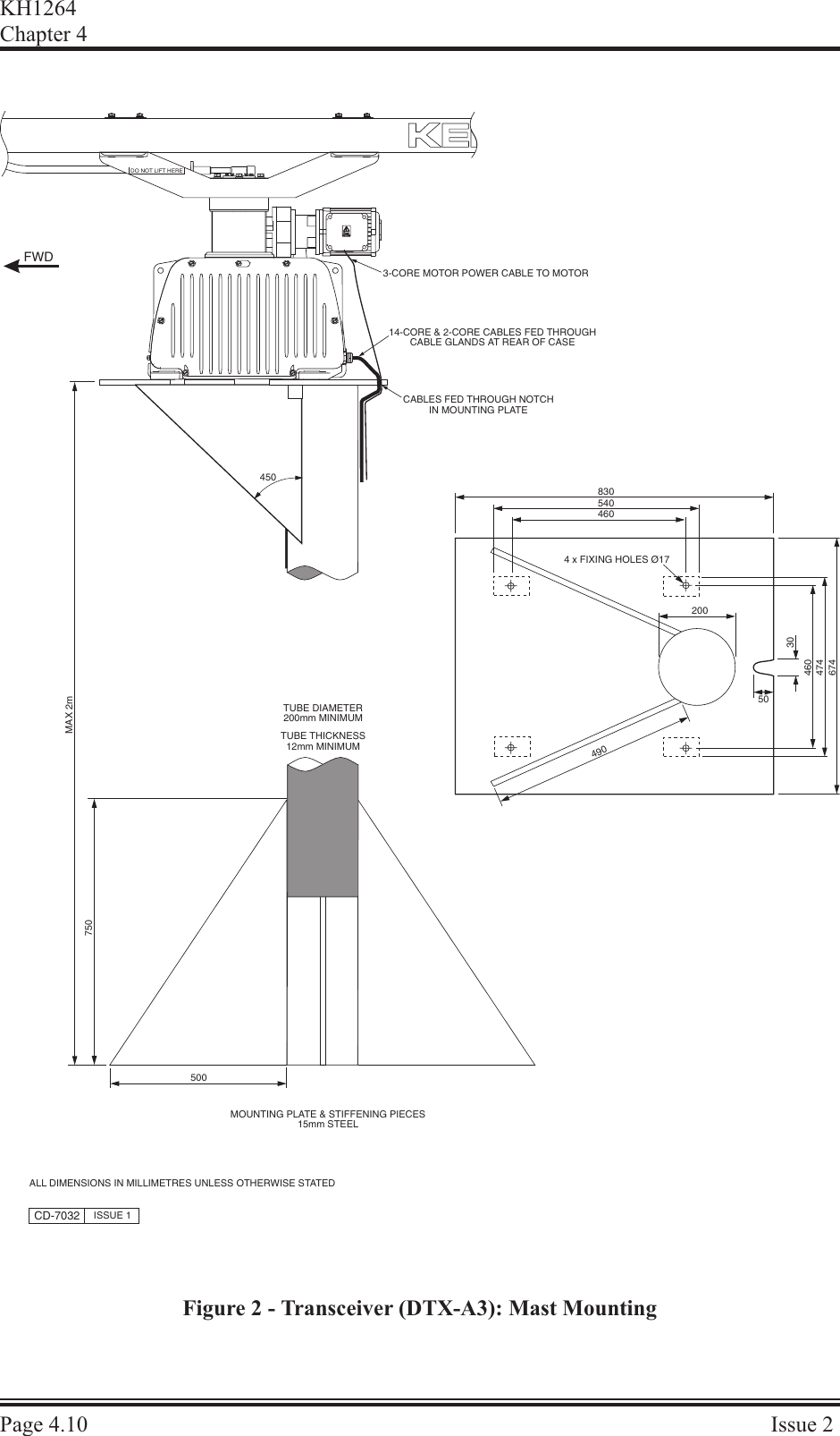 KH1264Chap ter  4Page  4.10 Is sue  2CD-7032 ISSUE 1MOUNTING PLATE &amp; STIFFENING PIECES15mm STEELFWDTUBE THICKNESS12mm MINIMUM500MAX 2m7504 x FIXING HOLES Ø1754083046046047420050306744904503-CORE MOTOR POWER CABLE TO MOTOR14-CORE &amp; 2-CORE CABLES FED THROUGHCABLE GLANDS AT REAR OF CASECABLES FED THROUGH NOTCHIN MOUNTING PLATETUBE DIAMETER200mm MINIMUMALL DIMENSIONS IN MILLIMETRES UNLESS OTHERWISE STATEDDO NOT LIFT HEREFigure 2 - Transceiver (DTX-A3): Mast Mounting