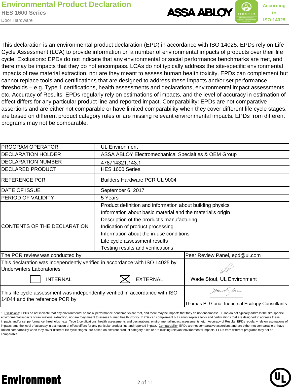 HES 1600 Series Strike Environmental Product Declaration (EPD) 143.1 ...