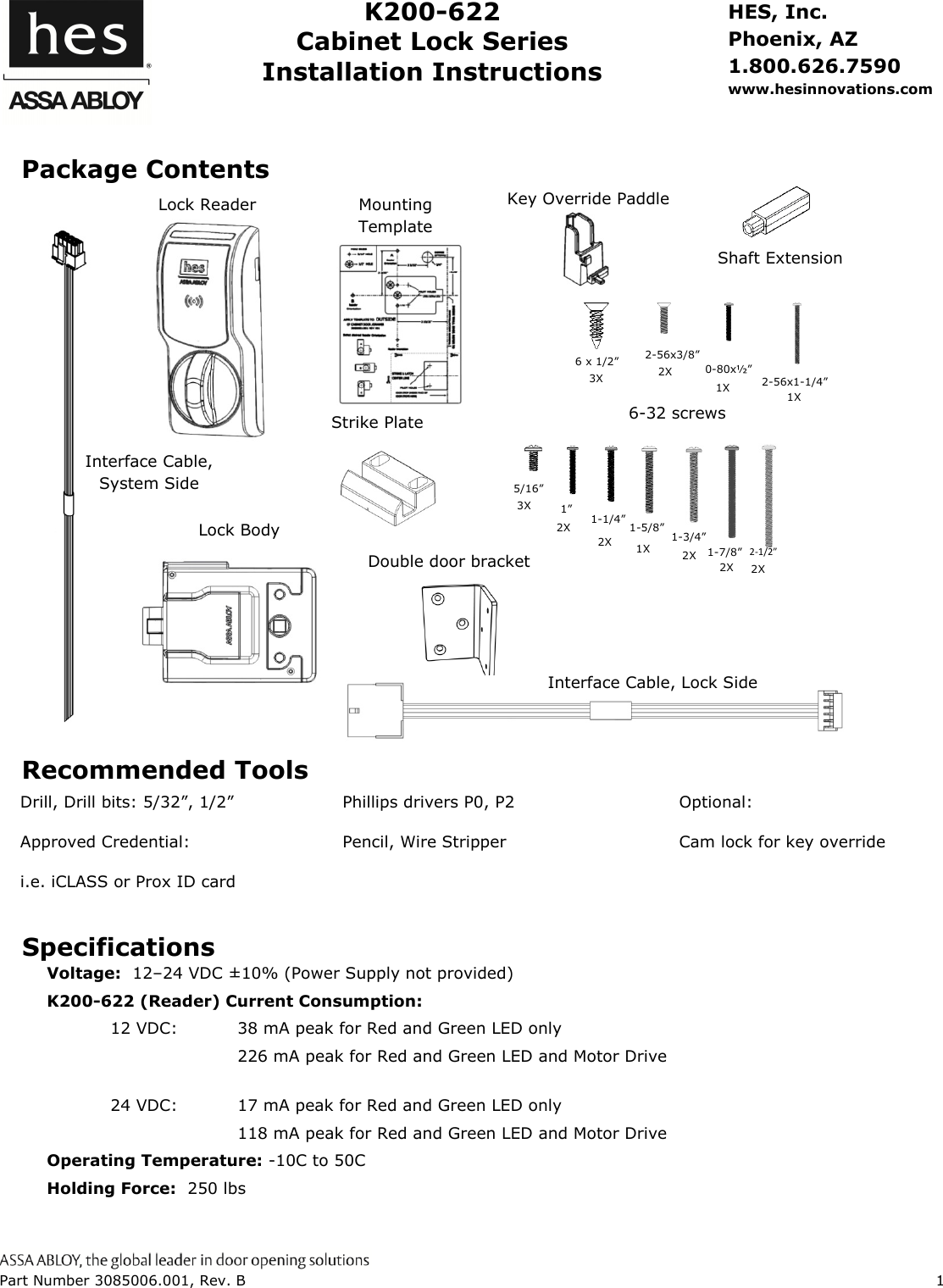 Page 1 of 12 - HES - 3085006.001_Rev B KS200-640 Server Cabinet Lock Installation Guide KS200Installation Instructions