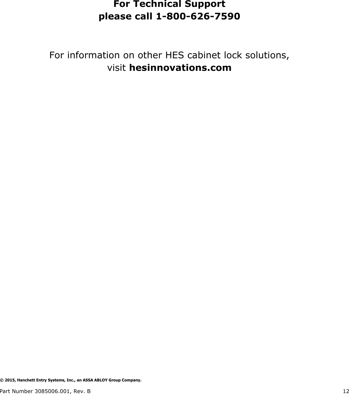 Page 12 of 12 - HES - 3085006.001_Rev B KS200-640 Server Cabinet Lock Installation Guide KS200Installation Instructions