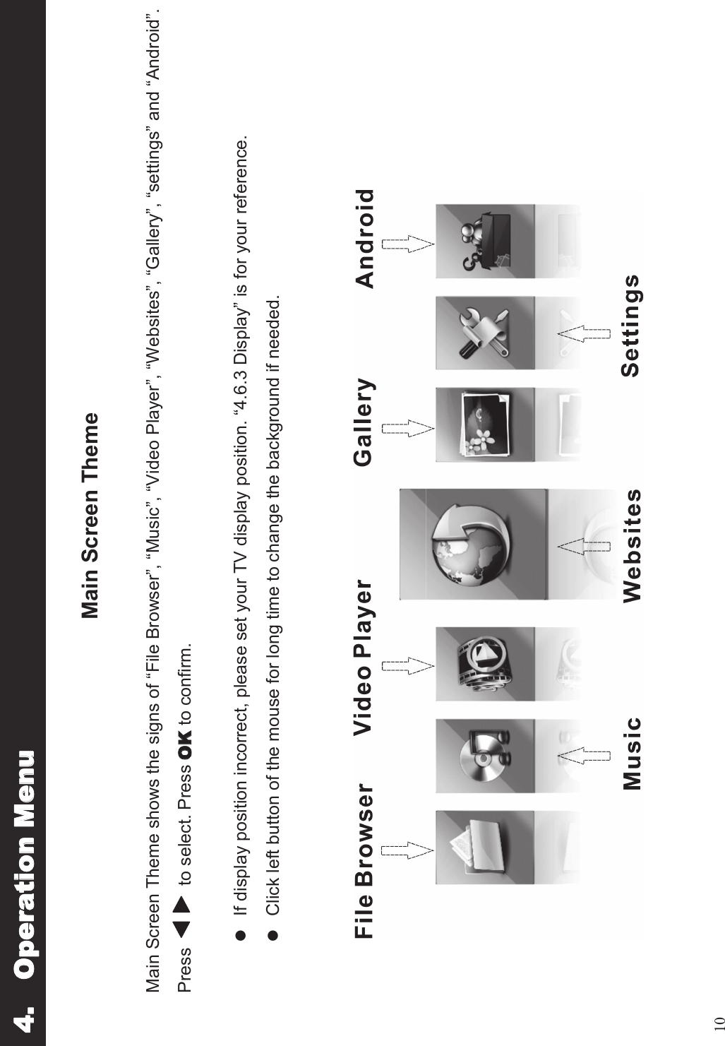 10Main Screen ThemeMain Screen Theme shows the signs of “File Browser”,“Music”,“Video Player”,“Websites”,“Gallery”,“settings”and “Android”.Press to select. Press to confirm.`lIf display position incorrect, please set your TV display position. “4.6.3 Display”is for your reference.lClick left button of the mouse for long time to change the background if needed.