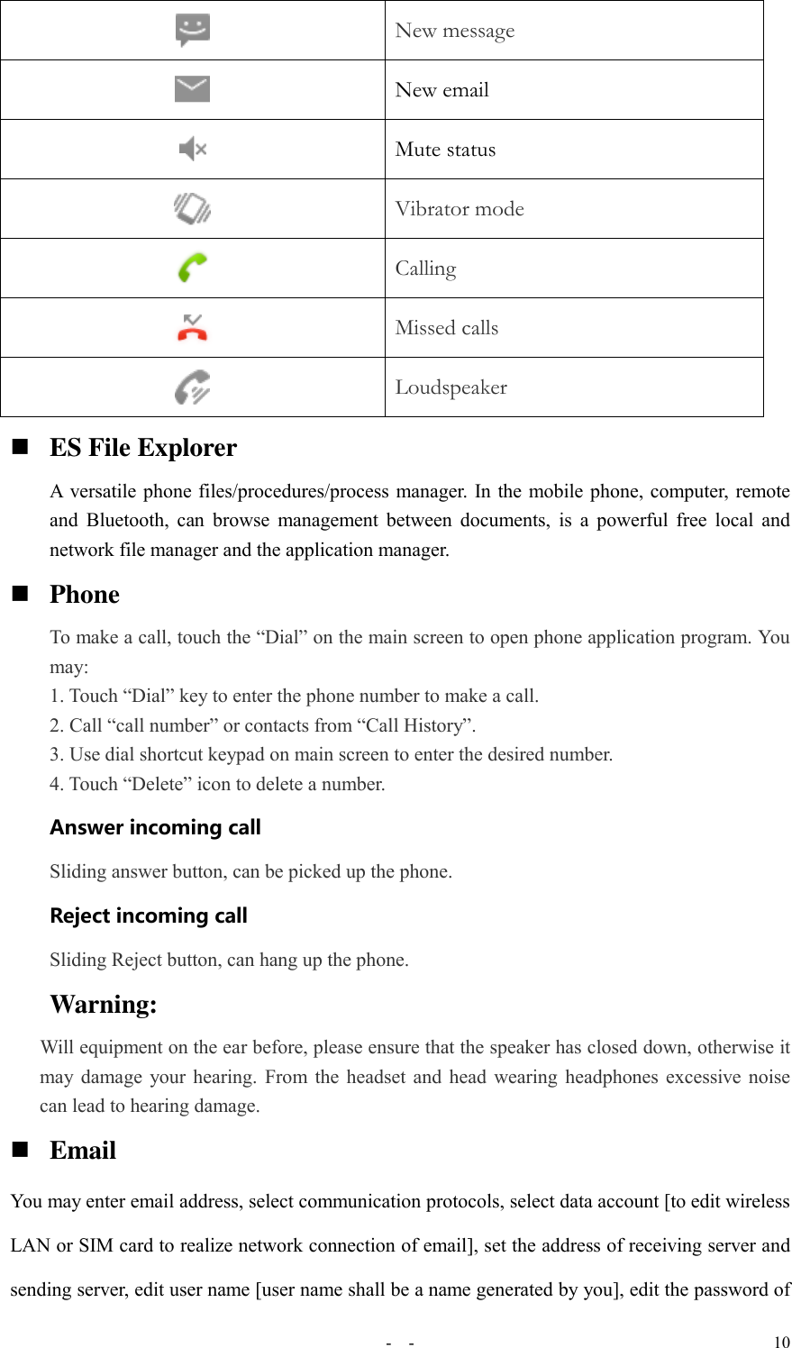   -  - 10  ES File Explorer A versatile phone files/procedures/process manager. In the mobile phone, computer, remote and Bluetooth, can  browse  management between documents,  is  a powerful free local  and network file manager and the application manager.    Phone To make a call, touch the “Dial” on the main screen to open phone application program. You may: 1. Touch “Dial” key to enter the phone number to make a call. 2. Call “call number” or contacts from “Call History”. 3. Use dial shortcut keypad on main screen to enter the desired number. 4. Touch “Delete” icon to delete a number. Answer incoming call Sliding answer button, can be picked up the phone. Reject incoming call Sliding Reject button, can hang up the phone. Warning:     Will equipment on the ear before, please ensure that the speaker has closed down, otherwise it may damage your hearing. From the headset and head wearing headphones excessive noise can lead to hearing damage.  Email You may enter email address, select communication protocols, select data account [to edit wireless LAN or SIM card to realize network connection of email], set the address of receiving server and sending server, edit user name [user name shall be a name generated by you], edit the password of  New message  New email  Mute status  Vibrator mode  Calling  Missed calls  Loudspeaker 