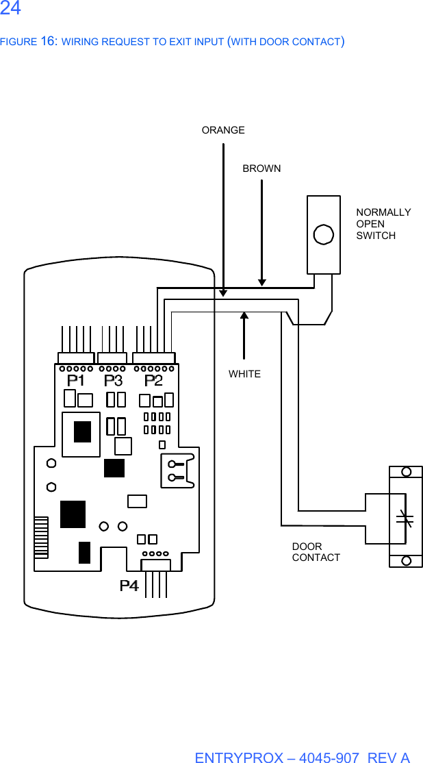  ENTRYPROX – 4045-907  REV A 24  FIGURE 16: WIRING REQUEST TO EXIT INPUT (WITH DOOR CONTACT)        ORANGE     BROWN  WHITE DOOR CONTACT NORMALLY OPEN SWITCH 