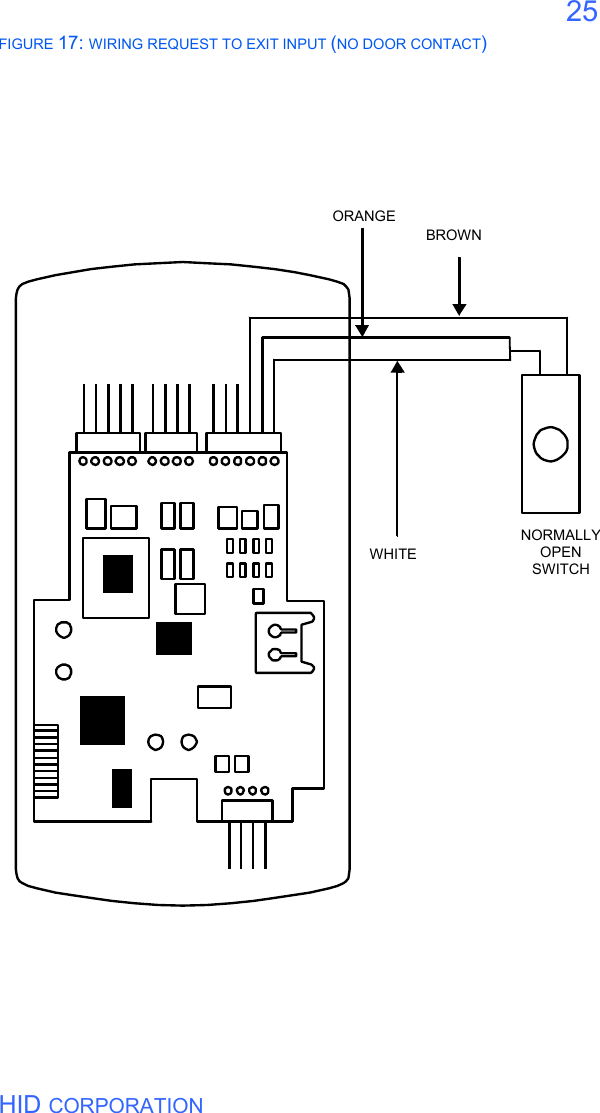  HID CORPORATION 25 FIGURE 17: WIRING REQUEST TO EXIT INPUT (NO DOOR CONTACT)     ORANGE BROWN WHITE NORMALLY OPEN SWITCH 