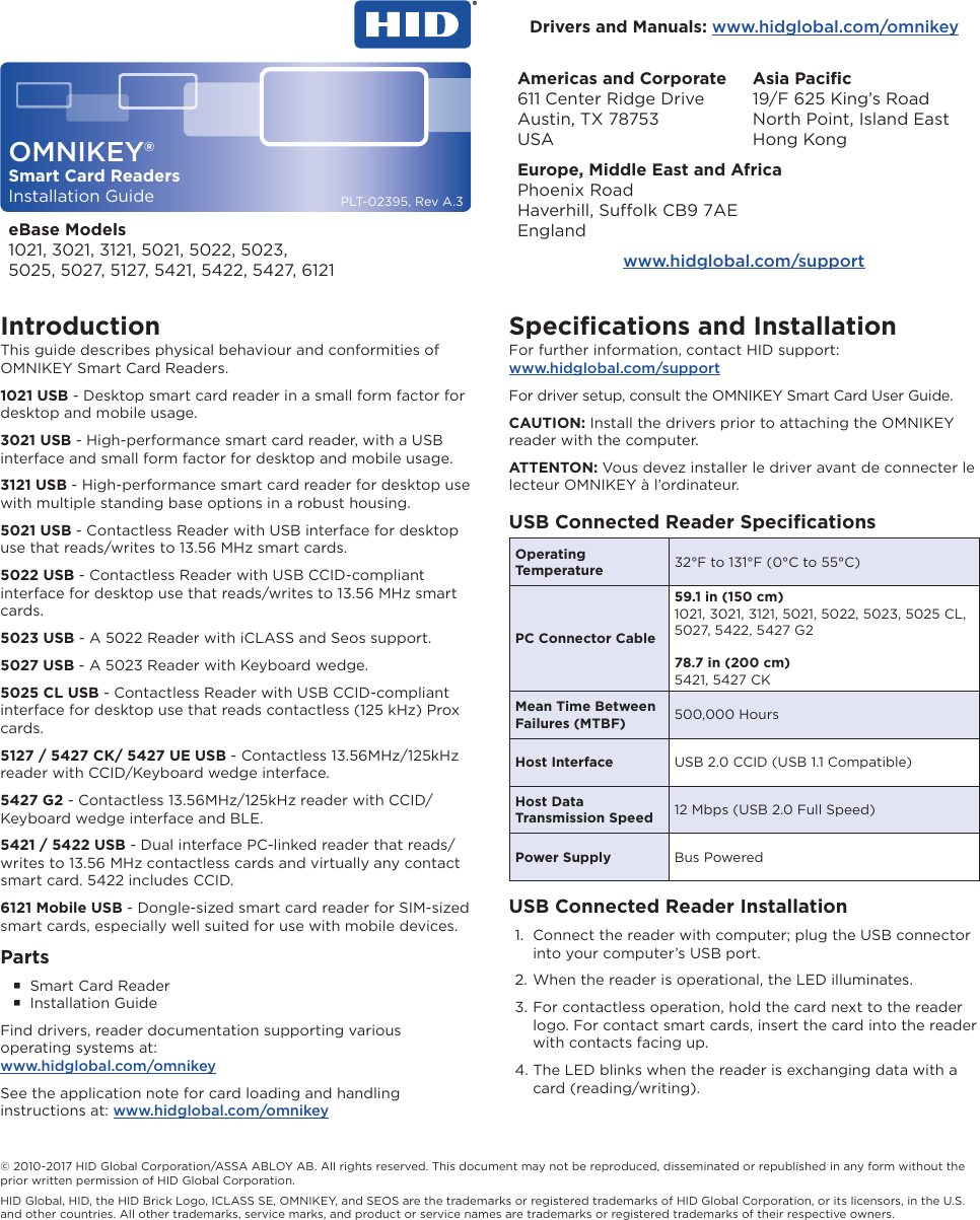 PLT-02395, Rev A.3OMNIKEY®Smart Card ReadersInstallation Guide© 2010-2017 HID Global Corporation/ASSA ABLOY AB. All rights reserved. This document may not be reproduced, disseminated or republished in any form without the prior written permission of HID Global Corporation.HID Global, HID, the HID Brick Logo, ICLASS SE, OMNIKEY, and SEOS are the trademarks or registered trademarks of HID Global Corporation, or its licensors, in the U.S. and other countries. All other trademarks, service marks, and product or service names are trademarks or registered trademarks of their respective owners.eBase Models1021, 3021, 3121, 5021, 5022, 5023, 5025, 5027, 5127, 5421, 5422, 5427, 6121Americas and Corporate611 Center Ridge DriveAustin, TX 78753USAAsia Paciﬁc19/F 625 King’s RoadNorth Point, Island EastHong KongEurope, Middle East and AfricaPhoenix RoadHaverhill, Suolk CB9 7AEEnglandwww.hidglobal.com/supportDrivers and Manuals: www.hidglobal.com/omnikeyIntroductionThis guide describes physical behaviour and conformities of OMNIKEY Smart Card Readers.1021 USB - Desktop smart card reader in a small form factor for desktop and mobile usage.3021 USB - High-performance smart card reader, with a USB interface and small form factor for desktop and mobile usage.3121 USB - High-performance smart card reader for desktop use with multiple standing base options in a robust housing.5021 USB - Contactless Reader with USB interface for desktop use that reads/writes to 13.56 MHz smart cards.5022 USB - Contactless Reader with USB CCID-compliant interface for desktop use that reads/writes to 13.56 MHz smart cards.5023 USB - A 5022 Reader with iCLASS and Seos support.5027 USB - A 5023 Reader with Keyboard wedge.5025 CL USB - Contactless Reader with USB CCID-compliant interface for desktop use that reads contactless (125 kHz) Prox cards.5127 / 5427 CK/ 5427 UE USB - Contactless 13.56MHz/125kHz reader with CCID/Keyboard wedge interface.5427 G2 - Contactless 13.56MHz/125kHz reader with CCID/Keyboard wedge interface and BLE.5421 / 5422 USB - Dual interface PC-linked reader that reads/writes to 13.56 MHz contactless cards and virtually any contact smart card. 5422 includes CCID.6121 Mobile USB - Dongle-sized smart card reader for SIM-sized smart cards, especially well suited for use with mobile devices.Parts Smart Card Reader Installation GuideFind drivers, reader documentation supporting various operating systems at: www.hidglobal.com/omnikeySee the application note for card loading and handling instructions at: www.hidglobal.com/omnikeySpeciﬁcations and InstallationFor further information, contact HID support: www.hidglobal.com/supportFor driver setup, consult the OMNIKEY Smart Card User Guide.CAUTION: Install the drivers prior to attaching the OMNIKEY reader with the computer.ATTENTON: Vous devez installer le driver avant de connecter le lecteur OMNIKEY à l’ordinateur.USB Connected Reader SpeciﬁcationsOperating Temperature 32°F to 131°F (0°C to 55°C)PC Connector Cable59.1 in (150 cm)1021, 3021, 3121, 5021, 5022, 5023, 5025 CL, 5027, 5422, 5427 G278.7 in (200 cm)5421, 5427 CKMean Time Between Failures (MTBF) 500,000 HoursHost Interface USB 2.0 CCID (USB 1.1 Compatible)Host Data  Transmission Speed 12 Mbps (USB 2.0 Full Speed)Power Supply Bus PoweredUSB Connected Reader Installation1.  Connect the reader with computer; plug the USB connector into your computer’s USB port.2. When the reader is operational, the LED illuminates.3. For contactless operation, hold the card next to the reader logo. For contact smart cards, insert the card into the reader with contacts facing up.4. The LED blinks when the reader is exchanging data with a card (reading/writing).