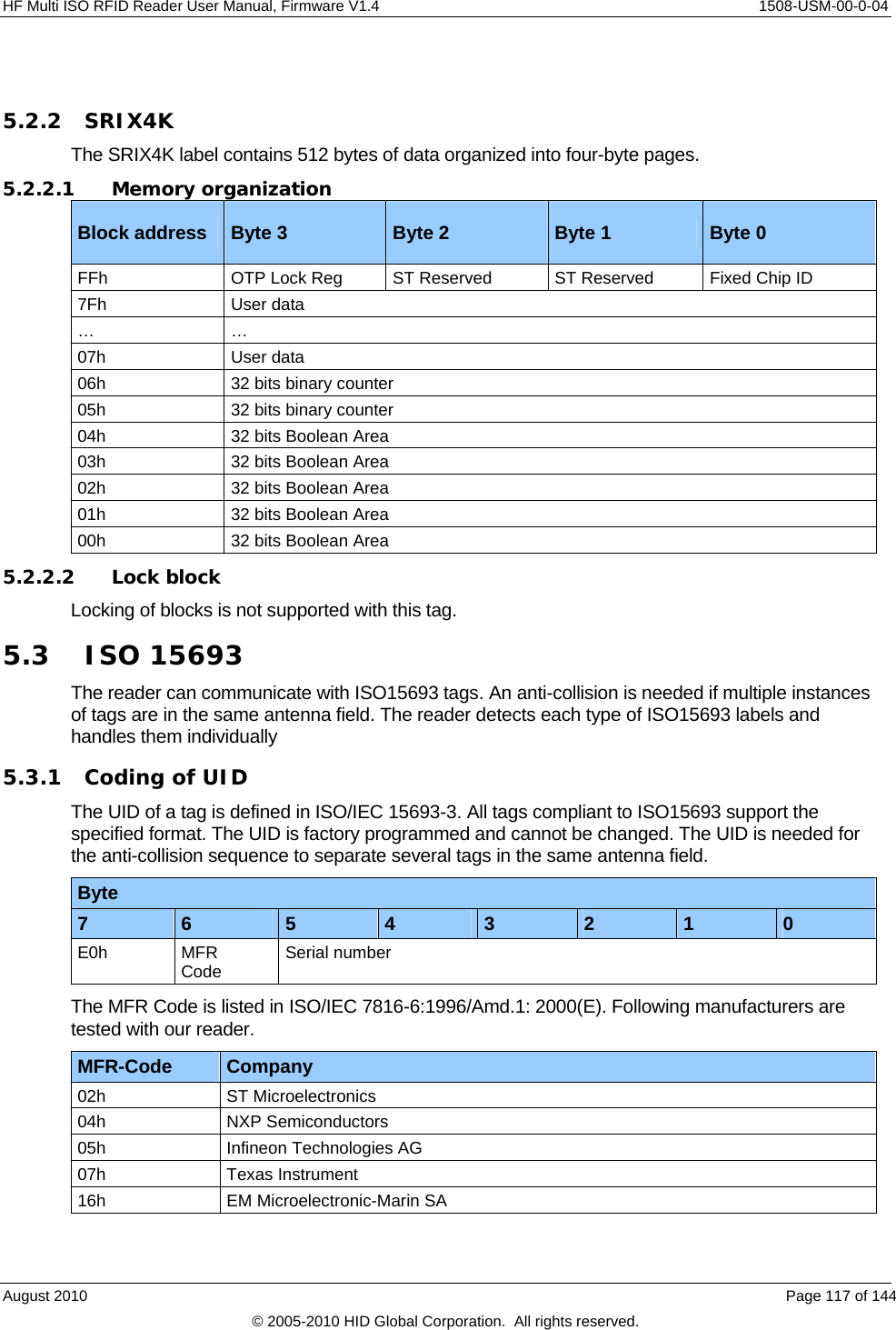  HF Multi ISO RFID Reader User Manual, Firmware V1.4    1508-USM-00-0-04  5.2.2 SRIX4K The SRIX4K label contains 512 bytes of data organized into four-byte pages. 5.2.2.1 Memory organization Block address  Byte 3   Byte 2  Byte 1  Byte 0 FFh  OTP Lock Reg  ST Reserved  ST Reserved  Fixed Chip ID 7Fh User data … … 07h User data 06h  32 bits binary counter 05h  32 bits binary counter 04h  32 bits Boolean Area 03h  32 bits Boolean Area 02h  32 bits Boolean Area 01h  32 bits Boolean Area 00h  32 bits Boolean Area 5.2.2.2 Lock block Locking of blocks is not supported with this tag. 5.3 ISO 15693 The reader can communicate with ISO15693 tags. An anti-collision is needed if multiple instances of tags are in the same antenna field. The reader detects each type of ISO15693 labels and handles them individually 5.3.1 Coding of UID The UID of a tag is defined in ISO/IEC 15693-3. All tags compliant to ISO15693 support the specified format. The UID is factory programmed and cannot be changed. The UID is needed for the anti-collision sequence to separate several tags in the same antenna field. Byte 7  6  4  3  2 5  1  0 E0h MFR Code  Serial number The MFR Code is listed in ISO/IEC 7816-6:1996/Amd.1: 2000(E). Following manufacturers are tested with our reader. MFR-Code  Company 02h ST Microelectronics 04h NXP Semiconductors 05h  Infineon Technologies AG 07h Texas Instrument 16h  EM Microelectronic-Marin SA August 2010    Page 117 of 144 © 2005-2010 HID Global Corporation.  All rights reserved. 
