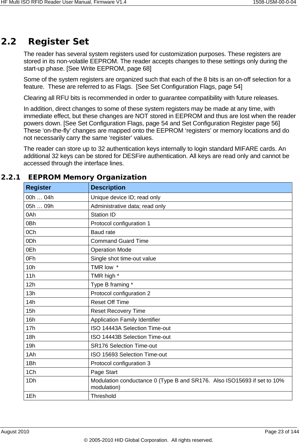  HF Multi ISO RFID Reader User Manual, Firmware V1.4    1508-USM-00-0-04  2.2 Register Set The reader has several system registers used for customization purposes. These registers are stored in its non-volatile EEPROM. The reader accepts changes to these settings only during the start-up phase. [See Write EEPROM, page 68]    Some of the system registers are organized such that each of the 8 bits is an on-off selection for a feature.  These are referred to as Flags.  [See Set Configuration Flags, page 54] Clearing all RFU bits is recommended in order to guarantee compatibility with future releases. In addition, direct changes to some of these system registers may be made at any time, with immediate effect, but these changes are NOT stored in EEPROM and thus are lost when the reader powers down. [See Set Configuration Flags, page 54 and Set Configuration Register page 56]   These ‘on-the-fly’ changes are mapped onto the EEPROM ‘registers’ or memory locations and do not necessarily carry the same ‘register’ values. The reader can store up to 32 authentication keys internally to login standard MIFARE cards. An additional 32 keys can be stored for DESFire authentication. All keys are read only and cannot be accessed through the interface lines. 2.2.1 EEPROM Memory Organization Register  Description 00h … 04h  Unique device ID; read only 05h … 09h  Administrative data; read only 0Ah Station ID 0Bh  Protocol configuration 1 0Ch Baud rate 0Dh  Command Guard Time 0Eh Operation Mode 0Fh  Single shot time-out value 10h  TMR low  * 11h  TMR high * 12h  Type B framing * 13h  Protocol configuration 2 14h Reset Off Time 15h  Reset Recovery Time 16h  Application Family Identifier 17h  ISO 14443A Selection Time-out 18h  ISO 14443B Selection Time-out 19h  SR176 Selection Time-out 1Ah  ISO 15693 Selection Time-out 1Bh  Protocol configuration 3 1Ch Page Start 1Dh  Modulation conductance 0 (Type B and SR176.  Also ISO15693 if set to 10% modulation) 1Eh Threshold August 2010    Page 23 of 144 © 2005-2010 HID Global Corporation.  All rights reserved. 