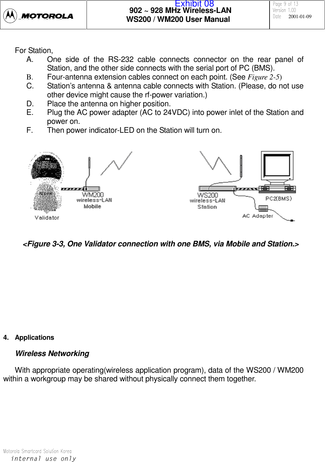 902 ~ 928 MHz Wireless-LANWS200 / WM200 User Manual 2001-01-09LQWHUQDOXVHRQO\Mt l S t dSlti KFor Station,A.  One side of the RS-232 cable connects connector on the rear panel ofStation, and the other side connects with the serial port of PC (BMS).B.  Four-antenna extension cables connect on each point. (See Figure 2-5)C.  Station’s antenna &amp; antenna cable connects with Station. (Please, do not useother device might cause the rf-power variation.)D.  Place the antenna on higher position.E.  Plug the AC power adapter (AC to 24VDC) into power inlet of the Station andpower on.F.  Then power indicator-LED on the Station will turn on.&lt;Figure 3-3, One Validator connection with one BMS, via Mobile and Station.&gt;4. ApplicationsWireless NetworkingWith appropriate operating(wireless application program), data of the WS200 / WM200within a workgroup may be shared without physically connect them together.Exhibit 08