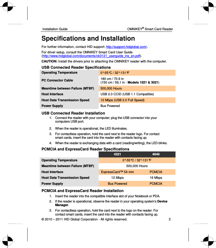  Installation Guide    OMNIKEY® Smart Card Reader © 2010 – 2011 HID Global Corporation - All rights reserved.  3  Specifications and Installation For further information, contact HID support: http://support.hidglobal.com/. For driver setup, consult the OMNIKEY Smart Card User Guide (http://www.hidglobal.com/documents/ok3121_userguide_ins_en.pdf). CAUTION: Install the drivers prior to attaching the OMNIKEY reader with the computer. USB Connected Reader Specifications  Operating Temperature  0°-55°C / 32°-131°F PC Connector Cable  180 cm / 70.9 in (150 cm / 59,1 in - Models 1021 &amp; 3021) Meantime between Failure (MTBF)  500,000 Hours Host Interface  USB 2.0 CCID (USB 1.1 Compatible) Host Data Transmission Speed  12 Mbps (USB 2.0 Full Speed) Power Supply  Bus Powered USB Connected Reader Installation  1.  Connect the reader with your computer; plug the USB connector into your computers USB port.  2.  When the reader is operational, the LED illuminates. 3.  For contactless operation, hold the card next to the reader logo. For contact smart cards, insert the card into the reader with contacts facing up.  4.  When the reader is exchanging data with a card (reading/writing), the LED blinks. PCMCIA and ExpressCard Reader Specifications  4321  4040 Operating Temperature  0°-55°C / 32°-131°F Meantime between Failure (MTBF)  500,000 Hours Host Interface  ExpressCard™ 54 mm  PCMCIA Host Data Transmission Speed  12 Mbps  16 Mbps Power Supply  Bus Powered   PCMCIA PCMCIA and ExpressCard Reader Installation 1.  Insert the reader into the compatible interface slot of your Notebook or PDA. 2.  If the reader is operational, observe the reader in your operating system’s Device Manager.  3.  For contactless operation, hold the card next to the logo on the reader. For contact smart cards, insert the card into the reader with contacts facing up.  