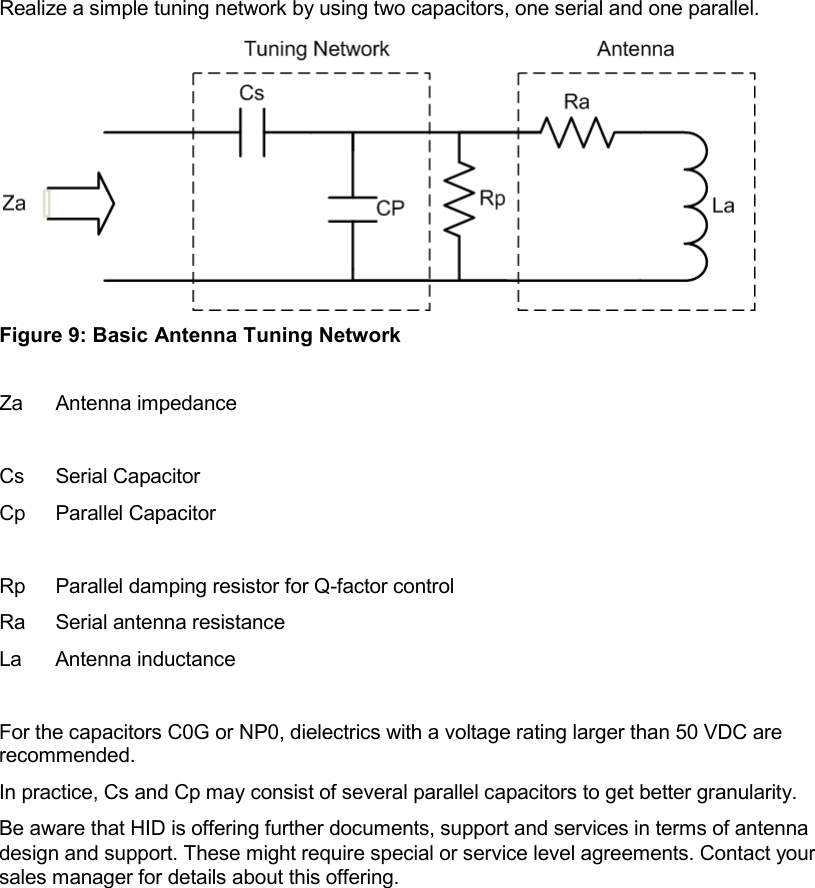 Realize a simple tuning network by using two capacitors, one serial and one parallel.  Figure 9: Basic Antenna Tuning Network  Za Antenna impedance  Cs Serial Capacitor Cp Parallel Capacitor  Rp Parallel damping resistor for Q-factor control Ra Serial antenna resistance La Antenna inductance  For the capacitors C0G or NP0, dielectrics with a voltage rating larger than 50 VDC are recommended. In practice, Cs and Cp may consist of several parallel capacitors to get better granularity. Be aware that HID is offering further documents, support and services in terms of antenna design and support. These might require special or service level agreements. Contact your sales manager for details about this offering.    