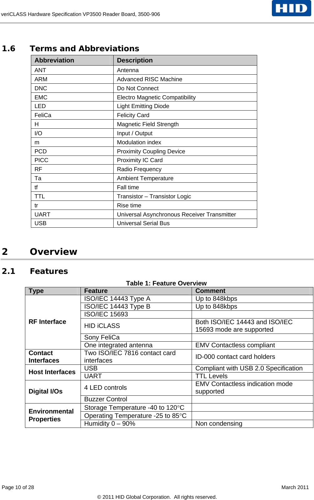  veriCLASS Hardware Specification VP3500 Reader Board, 3500-906   1.6 Terms and Abbreviations Abbreviation  Description ANT Antenna ARM  Advanced RISC Machine DNC  Do Not Connect EMC  Electro Magnetic Compatibility LED  Light Emitting Diode FeliCa Felicity Card H Magnetic Field Strength I/O  Input / Output m Modulation index PCD Proximity Coupling Device PICC  Proximity IC Card RF Radio Frequency Ta Ambient Temperature tf Fall time TTL  Transistor – Transistor Logic tr Rise time UART  Universal Asynchronous Receiver Transmitter USB  Universal Serial Bus  2 Overview 2.1 Features Table 1: Feature Overview Type  Feature  Comment ISO/IEC 14443 Type A  Up to 848kbps ISO/IEC 14443 Type B  Up to 848kbps ISO/IEC 15693   HID iCLASS  Both ISO/IEC 14443 and ISO/IEC 15693 mode are supported Sony FeliCa   RF Interface One integrated antenna  EMV Contactless compliant Contact Interfaces  Two ISO/IEC 7816 contact card interfaces  ID-000 contact card holders USB  Compliant with USB 2.0 Specification Host Interfaces  UART TTL Levels 4 LED controls  EMV Contactless indication mode supported Digital I/Os   Buzzer Control   Storage Temperature -40 to 120C   Operating Temperature -25 to 85C   Environmental Properties  Humidity 0 – 90%   Non condensing  Page 10 of 28    March 2011 © 2011 HID Global Corporation.  All rights reserved. 