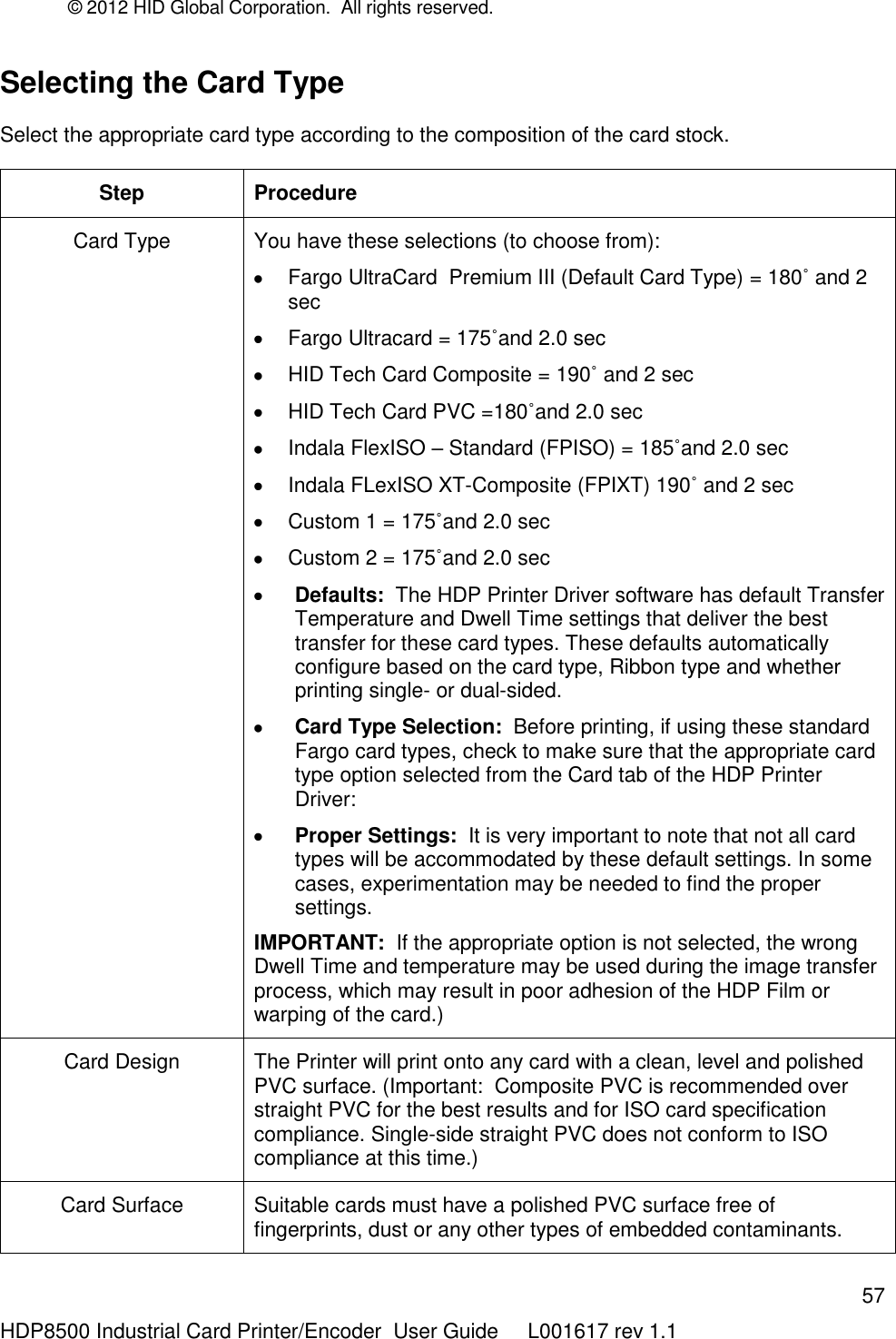 © 2012 HID Global Corporation.  All rights reserved.  57 HDP8500 Industrial Card Printer/Encoder  User Guide     L001617 rev 1.1 Selecting the Card Type Select the appropriate card type according to the composition of the card stock. Step Procedure Card Type You have these selections (to choose from):   Fargo UltraCard  Premium III (Default Card Type) = 180˚ and 2 sec   Fargo Ultracard = 175˚and 2.0 sec   HID Tech Card Composite = 190˚ and 2 sec   HID Tech Card PVC =180˚and 2.0 sec   Indala FlexISO – Standard (FPISO) = 185˚and 2.0 sec   Indala FLexISO XT-Composite (FPIXT) 190˚ and 2 sec   Custom 1 = 175˚and 2.0 sec   Custom 2 = 175˚and 2.0 sec  Defaults:  The HDP Printer Driver software has default Transfer Temperature and Dwell Time settings that deliver the best transfer for these card types. These defaults automatically configure based on the card type, Ribbon type and whether printing single- or dual-sided.  Card Type Selection:  Before printing, if using these standard Fargo card types, check to make sure that the appropriate card type option selected from the Card tab of the HDP Printer Driver:   Proper Settings:  It is very important to note that not all card types will be accommodated by these default settings. In some cases, experimentation may be needed to find the proper settings.  IMPORTANT:  If the appropriate option is not selected, the wrong Dwell Time and temperature may be used during the image transfer process, which may result in poor adhesion of the HDP Film or warping of the card.)  Card Design The Printer will print onto any card with a clean, level and polished PVC surface. (Important:  Composite PVC is recommended over straight PVC for the best results and for ISO card specification compliance. Single-side straight PVC does not conform to ISO compliance at this time.) Card Surface Suitable cards must have a polished PVC surface free of fingerprints, dust or any other types of embedded contaminants.  