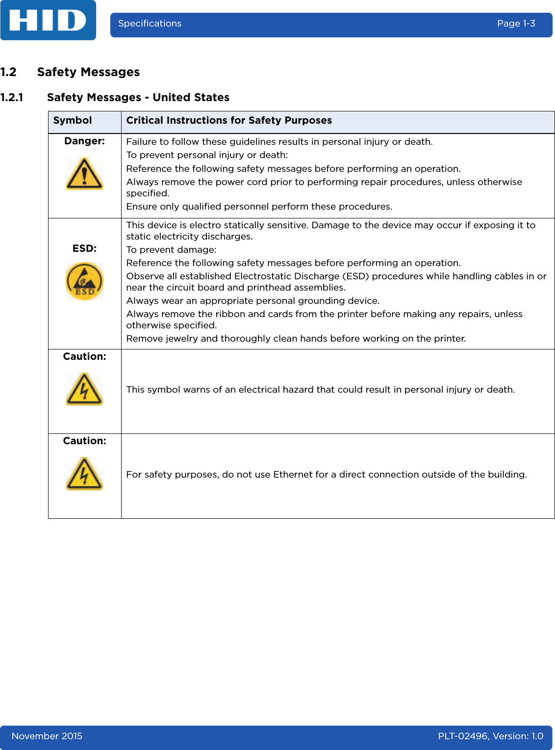 November 2015 PLT-02496, Version: 1.0Specifications Page 1-31.2 Safety Messages1.2.1 Safety Messages - United StatesSymbol Critical Instructions for Safety PurposesDanger: Failure to follow these guidelines results in personal injury or death. To prevent personal injury or death:Reference the following safety messages before performing an operation. Always remove the power cord prior to performing repair procedures, unless otherwise specified. Ensure only qualified personnel perform these procedures.ESD:This device is electro statically sensitive. Damage to the device may occur if exposing it to static electricity discharges. To prevent damage:Reference the following safety messages before performing an operation.Observe all established Electrostatic Discharge (ESD) procedures while handling cables in or near the circuit board and printhead assemblies. Always wear an appropriate personal grounding device.Always remove the ribbon and cards from the printer before making any repairs, unless otherwise specified. Remove jewelry and thoroughly clean hands before working on the printer.Caution:This symbol warns of an electrical hazard that could result in personal injury or death.Caution:For safety purposes, do not use Ethernet for a direct connection outside of the building.