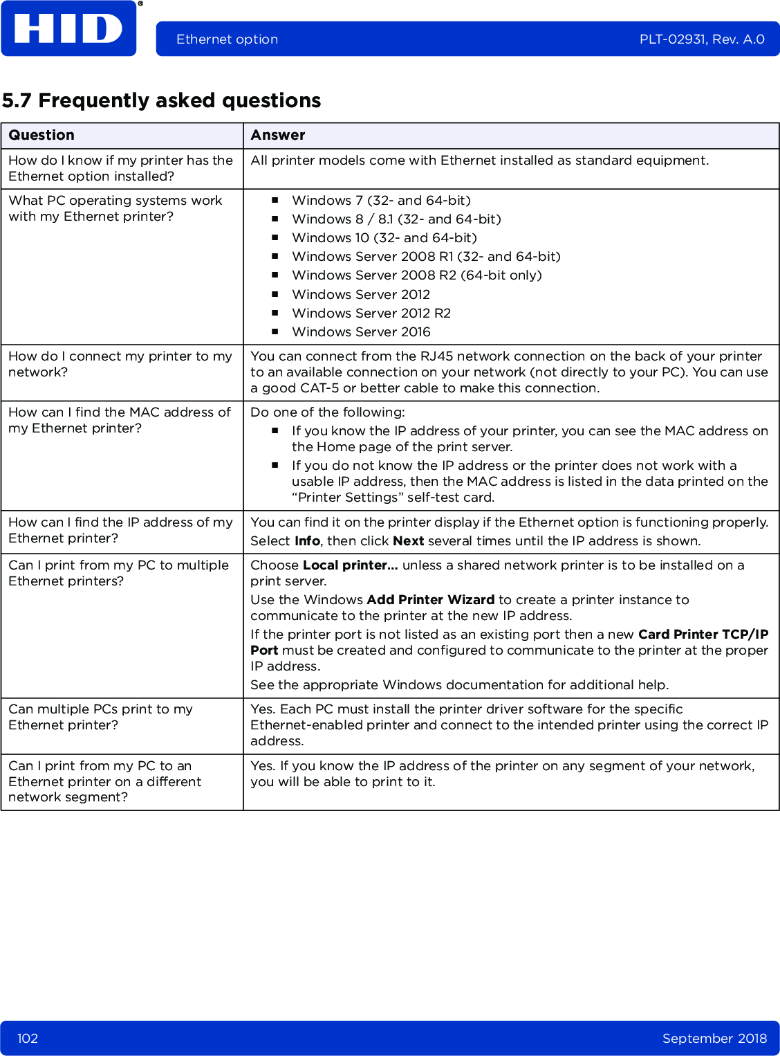 102 September 2018Ethernet option PLT-02931, Rev. A.05.7 Frequently asked questionsQuestion AnswerHow do I know if my printer has the Ethernet option installed?All printer models come with Ethernet installed as standard equipment.What PC operating systems work with my Ethernet printer?႑Windows 7 (32- and 64-bit)႑Windows 8 / 8.1 (32- and 64-bit)႑Windows 10 (32- and 64-bit)႑Windows Server 2008 R1 (32- and 64-bit)႑Windows Server 2008 R2 (64-bit only)႑Windows Server 2012႑Windows Server 2012 R2 ႑Windows Server 2016 How do I connect my printer to my network?You can connect from the RJ45 network connection on the back of your printer to an available connection on your network (not directly to your PC). You can use a good CAT-5 or better cable to make this connection.How can I find the MAC address of my Ethernet printer?Do one of the following:႑If you know the IP address of your printer, you can see the MAC address on the Home page of the print server. ႑If you do not know the IP address or the printer does not work with a usable IP address, then the MAC address is listed in the data printed on the “Printer Settings” self-test card.How can I find the IP address of my Ethernet printer?You can find it on the printer display if the Ethernet option is functioning properly. Select Info, then click Next several times until the IP address is shown.Can I print from my PC to multiple Ethernet printers? Choose Local printer… unless a shared network printer is to be installed on a print server.Use the Windows Add Printer Wizard to create a printer instance to communicate to the printer at the new IP address. If the printer port is not listed as an existing port then a new Card Printer TCP/IP Port must be created and configured to communicate to the printer at the proper IP address.See the appropriate Windows documentation for additional help.Can multiple PCs print to my Ethernet printer? Yes. Each PC must install the printer driver software for the specific Ethernet-enabled printer and connect to the intended printer using the correct IP address.Can I print from my PC to an Ethernet printer on a different network segment?Yes. If you know the IP address of the printer on any segment of your network, you will be able to print to it.