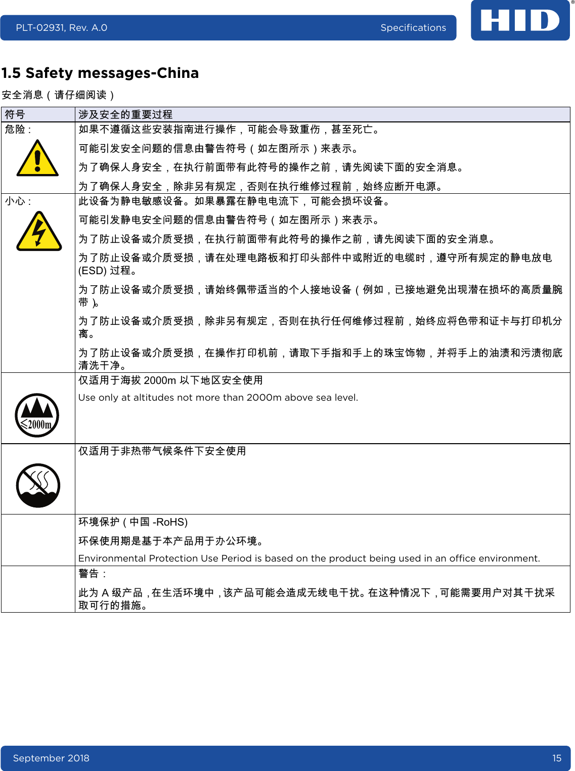 September 2018 15PLT-02931, Rev. A.0 Specifications1.5 Safety messages-China⸘⏷䀗㋾᧤庆Ⅳ兕梔床᧥䶵⚆ 䀘♙⸘⏷䤓摜尐扖䲚☀棸  Ⱁ㨫ₜ挄㈹扨K⸘孔㖖◦扪嫛㝜⇫᧨♾厌↩⺋咃摜↳᧨䞩咂㸊ℰᇭ♾厌ㆤ♠⸘⏷桽欧䤓≰㋾䟀巵⛙䶵⚆᧤Ⱁふ⦍㓏䯉᧥㧴嫷䯉ᇭ⃉ℕ䫽≬ⅉ愺⸘⏷᧨⦷㓶嫛ⓜ槱サ㦘㷳䶵⚆䤓㝜⇫⃚ⓜ᧨庆⏗梔床ₚ槱䤓⸘⏷䀗㋾ᇭ⃉ℕ䫽≬ⅉ愺⸘⏷᧨棳槭♵㦘屓⸩᧨⚵⒨⦷㓶嫛冃≽扖䲚ⓜ᧨ⱚ兗ㄣ㠼㆏䟄䄟ᇭ⺞㉒  㷳幍⮖⃉槨䟄㟞㎮幍⮖ᇭⰑ㨫㥃槁⦷槨䟄䟄㿐ₚ᧨♾厌↩㗮⧞幍⮖ᇭ♾厌ㆤ♠槨䟄⸘⏷桽欧䤓≰㋾䟀巵⛙䶵⚆᧤Ⱁふ⦍㓏䯉᧥㧴嫷䯉ᇭ⃉ℕ棁㷱幍⮖㒥⅚德♦㗮᧨⦷㓶嫛ⓜ槱サ㦘㷳䶵⚆䤓㝜⇫⃚ⓜ᧨庆⏗梔床ₚ槱䤓⸘⏷䀗㋾ᇭ⃉ℕ棁㷱幍⮖㒥⅚德♦㗮᧨庆⦷⮓䚕䟄恾㨎✛㓢◿⯃捷ↅ₼㒥棓扠䤓䟄冕㢅᧨挄⸗㓏㦘屓⸩䤓槨䟄㟍䟄(6&apos;扖䲚ᇭ⃉ℕ棁㷱幍⮖㒥⅚德♦㗮᧨庆ⱚ兗⇸サ抑㇢䤓₹ⅉ㘴⦿幍⮖᧤√Ⱁ᧨め㘴⦿挎⏜⒉䘿䇫⦷㗮⧞䤓浧德摞古サ᧥ᇭ⃉ℕ棁㷱幍⮖㒥⅚德♦㗮᧨棳槭♵㦘屓⸩᧨⚵⒨⦷㓶嫛↊⇤冃≽扖䲚ⓜ᧨ⱚ兗ㄣ⺕唁サ✛幐◰₝㓢◿㧉⒕䱊ᇭ⃉ℕ棁㷱幍⮖㒥⅚德♦㗮᧨⦷㝜⇫㓢◿㧉ⓜ᧨庆♥ₚ㓚㖖✛㓚ₙ䤓䙯⸬毿䓸᧨ㄅ⺕㓚ₙ䤓㽈䂜✛㻰䂜㈊ㄤ䂔㾦㄁⑏ᇭ⅔抑䞷ℝ䀆㕣 Pⅴₚ⦿◉⸘⏷∎䞷Use only at altitudes not more than 2000m above sea level.⅔抑䞷ℝ槭䍼サ㺣⊨㧰ↅₚ⸘⏷∎䞷䘾⬒≬㔳  ₼⦌ 5R+6䘾≬∎䞷㦮㢾⪉ℝ㦻ℶ❐䞷ℝ┭⏻䘾⬒ᇭEnvironmental Protection Use Period is based on the product being used in an office environment.巵⛙᧶㷳⃉ $ 儶ℶ❐᧨⦷䞮㿊䘾⬒₼᧨年ℶ❐♾厌↩抯㒟㡯兎䟄㄁㓿ᇭ⦷扨䱜㍔⑄ₚ᧨♾厌榏尐䞷㓆⺈␅㄁㓿摖♥♾嫛䤓㘹㡌ᇭ2000m