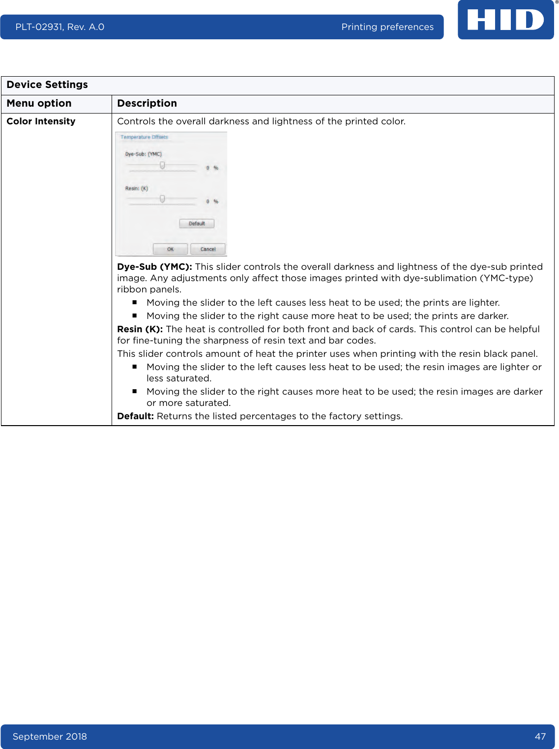 September 2018 47PLT-02931, Rev. A.0 Printing preferencesDevice SettingsMenu option DescriptionColor Intensity Controls the overall darkness and lightness of the printed color.Dye-Sub (YMC): This slider controls the overall darkness and lightness of the dye-sub printed image. Any adjustments only affect those images printed with dye-sublimation (YMC-type) ribbon panels.႑Moving the slider to the left causes less heat to be used; the prints are lighter.႑Moving the slider to the right cause more heat to be used; the prints are darker.Resin (K): The heat is controlled for both front and back of cards. This control can be helpful for fine-tuning the sharpness of resin text and bar codes.This slider controls amount of heat the printer uses when printing with the resin black panel.႑Moving the slider to the left causes less heat to be used; the resin images are lighter or less saturated.႑Moving the slider to the right causes more heat to be used; the resin images are darker or more saturated.Default: Returns the listed percentages to the factory settings.