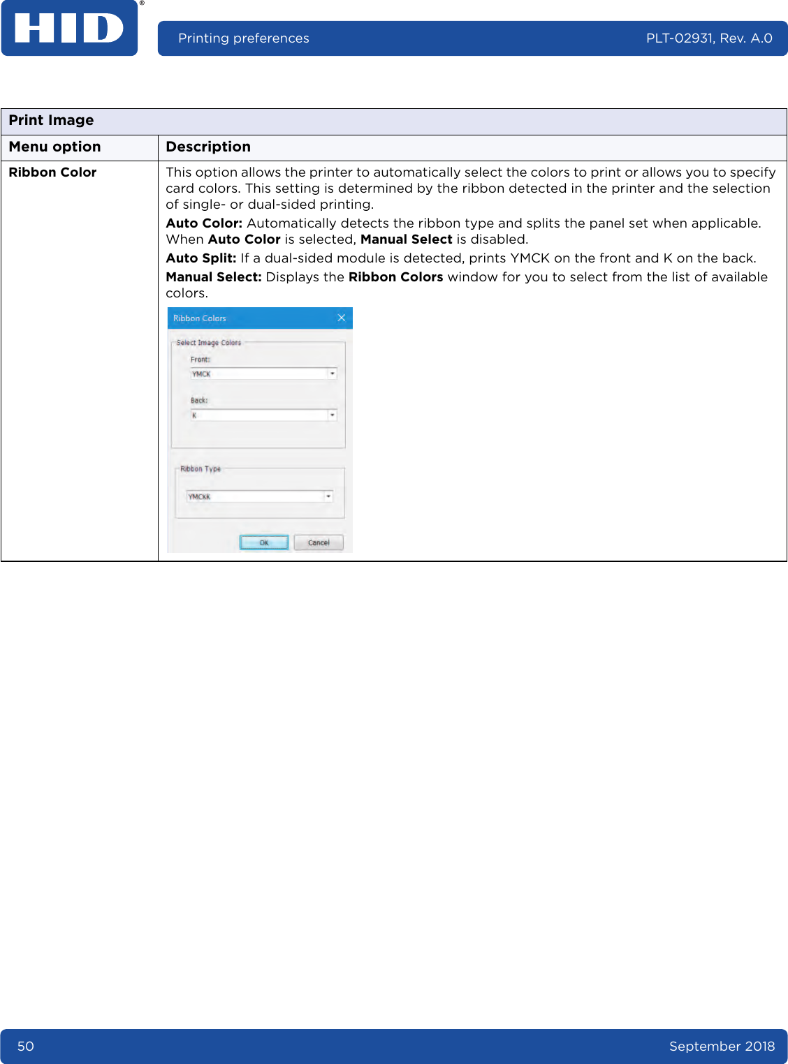 50 September 2018Printing preferences PLT-02931, Rev. A.0Print ImageMenu option DescriptionRibbon Color This option allows the printer to automatically select the colors to print or allows you to specify card colors. This setting is determined by the ribbon detected in the printer and the selection of single- or dual-sided printing.Auto Color: Automatically detects the ribbon type and splits the panel set when applicable. When Auto Color is selected, Manual Select is disabled.Auto Split: If a dual-sided module is detected, prints YMCK on the front and K on the back.Manual Select: Displays the Ribbon Colors window for you to select from the list of available colors. 