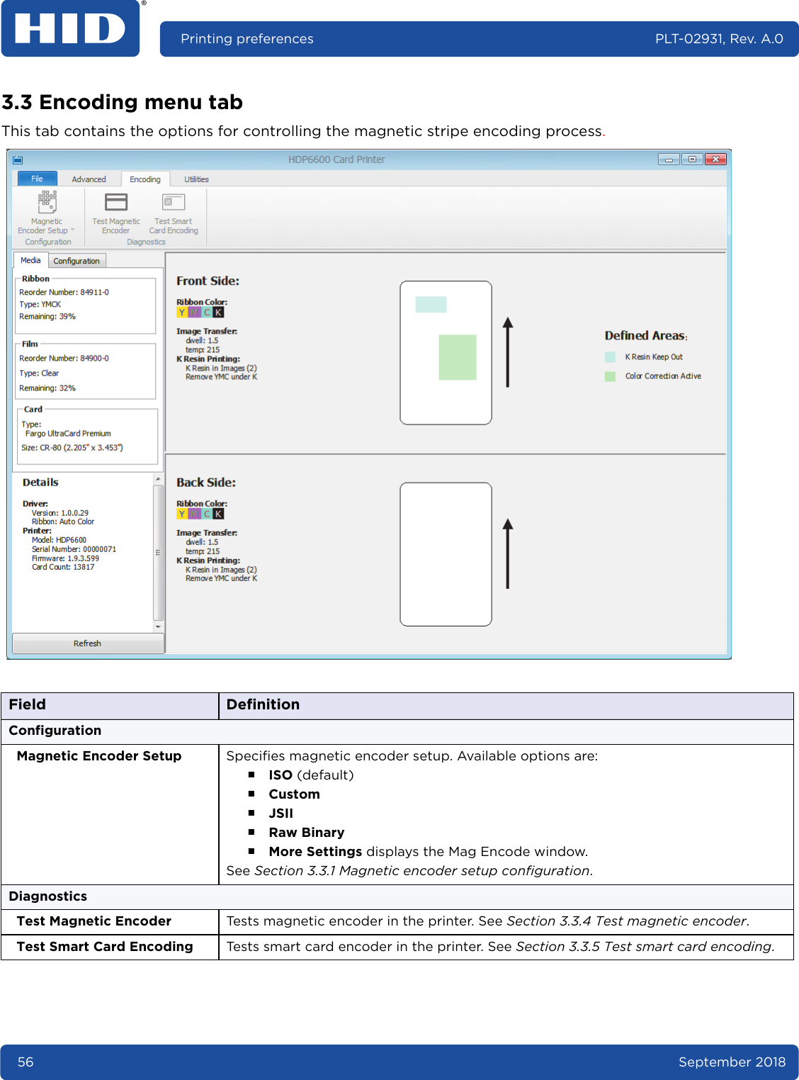 56 September 2018Printing preferences PLT-02931, Rev. A.03.3 Encoding menu tabThis tab contains the options for controlling the magnetic stripe encoding process. Field DefinitionConfigurationMagnetic Encoder Setup Specifies magnetic encoder setup. Available options are: ႑ISO (default)႑Custom႑JSII႑Raw Binary႑More Settings displays the Mag Encode window. See Section 3.3.1 Magnetic encoder setup configuration.DiagnosticsTest Magnetic Encoder Tests magnetic encoder in the printer. See Section 3.3.4 Test magnetic encoder.Test Smart Card Encoding Tests smart card encoder in the printer. See Section 3.3.5 Test smart card encoding.