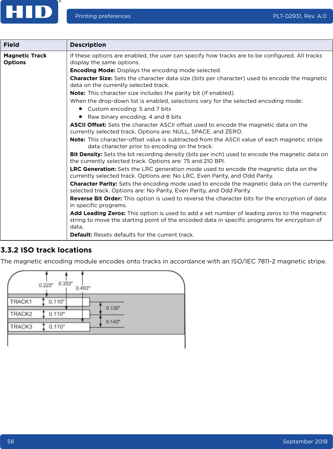 58 September 2018Printing preferences PLT-02931, Rev. A.03.3.2 ISO track locationsThe magnetic encoding module encodes onto tracks in accordance with an ISO/IEC 7811-2 magnetic stripe.Magnetic Track OptionsIf these options are enabled, the user can specify how tracks are to be configured. All tracks display the same options.Encoding Mode: Displays the encoding mode selected.Character Size: Sets the character data size (bits per character) used to encode the magnetic data on the currently selected track.Note: This character size includes the parity bit (if enabled).When the drop-down list is enabled, selections vary for the selected encoding mode:႑Custom encoding: 5 and 7 bits႑Raw binary encoding: 4 and 8 bitsASCII Offset: Sets the character ASCII offset used to encode the magnetic data on the currently selected track. Options are: NULL, SPACE, and ZERO.Note: This character-offset value is subtracted from the ASCII value of each magnetic stripe data character prior to encoding on the track.Bit Density: Sets the bit recording density (bits per inch) used to encode the magnetic data on the currently selected track. Options are: 75 and 210 BPI.LRC Generation: Sets the LRC generation mode used to encode the magnetic data on the currently selected track. Options are: No LRC, Even Parity, and Odd Parity.Character Parity: Sets the encoding mode used to encode the magnetic data on the currently selected track. Options are: No Parity, Even Parity, and Odd Parity. Reverse Bit Order: This option is used to reverse the character bits for the encryption of data in specific programs.Add Leading Zeros: This option is used to add a set number of leading zeros to the magnetic string to move the starting point of the encoded data in specific programs for encryption of data.Default: Resets defaults for the current track.Field Description