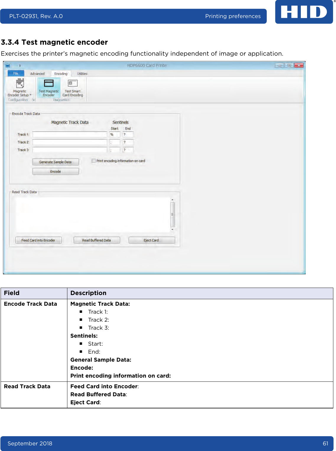 September 2018 61PLT-02931, Rev. A.0 Printing preferences3.3.4 Test magnetic encoderExercises the printer’s magnetic encoding functionality independent of image or application. Field DescriptionEncode Track Data Magnetic Track Data:႑Track 1:႑Track 2:႑Track 3:Sentinels:႑Start:႑End:General Sample Data:Encode:Print encoding information on card:Read Track Data Feed Card into Encoder:Read Buffered Data:Eject Card: