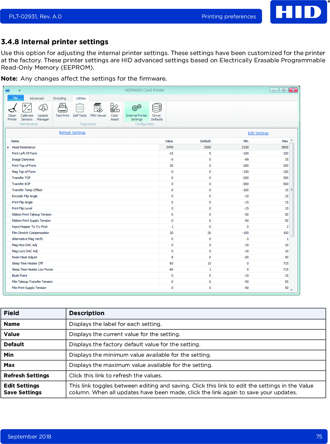 September 2018 75PLT-02931, Rev. A.0 Printing preferences3.4.8 Internal printer settingsUse this option for adjusting the internal printer settings. These settings have been customized for the printer at the factory. These printer settings are HID advanced settings based on Electrically Erasable Programmable Read-Only Memory (EEPROM). Note: Any changes affect the settings for the firmware. Field DescriptionName Displays the label for each setting.Value Displays the current value for the setting.Default Displays the factory default value for the setting.Min Displays the minimum value available for the setting.Max Displays the maximum value available for the setting.Refresh Settings Click this link to refresh the values.Edit SettingsSave SettingsThis link toggles between editing and saving. Click this link to edit the settings in the Value column. When all updates have been made, click the link again to save your updates.