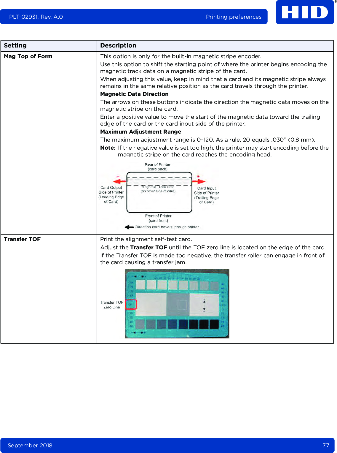 September 2018 77PLT-02931, Rev. A.0 Printing preferencesMag Top of Form This option is only for the built-in magnetic stripe encoder. Use this option to shift the starting point of where the printer begins encoding the magnetic track data on a magnetic stripe of the card.When adjusting this value, keep in mind that a card and its magnetic stripe always remains in the same relative position as the card travels through the printer.Magnetic Data DirectionThe arrows on these buttons indicate the direction the magnetic data moves on the magnetic stripe on the card.Enter a positive value to move the start of the magnetic data toward the trailing edge of the card or the card input side of the printer.Maximum Adjustment RangeThe maximum adjustment range is 0–120. As a rule, 20 equals .030” (0.8 mm).Note: If the negative value is set too high, the printer may start encoding before the magnetic stripe on the card reaches the encoding head. Transfer TOF Print the alignment self-test card.Adjust the Transfer TOF until the TOF zero line is located on the edge of the card. If the Transfer TOF is made too negative, the transfer roller can engage in front of the card causing a transfer jam. Setting Description