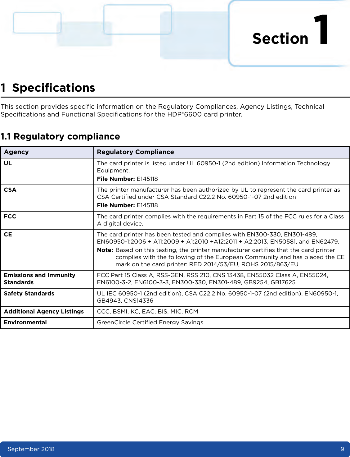 Section 1September 2018 91 SpecificationsThis section provides specific information on the Regulatory Compliances, Agency Listings, Technical Specifications and Functional Specifications for the HDP®6600 card printer.1.1 Regulatory complianceAgency Regulatory ComplianceUL The card printer is listed under UL 60950-1 (2nd edition) Information Technology Equipment.File Number: E145118CSA The printer manufacturer has been authorized by UL to represent the card printer as CSA Certified under CSA Standard C22.2 No. 60950-1-07 2nd editionFile Number: E145118FCC The card printer complies with the requirements in Part 15 of the FCC rules for a Class A digital device.CE The card printer has been tested and complies with EN300-330, EN301-489, EN60950-1:2006 + A11:2009 + A1:2010 +A12:2011 + A2:2013, EN50581, and EN62479.Note: Based on this testing, the printer manufacturer certifies that the card printer complies with the following of the European Community and has placed the CE mark on the card printer: RED 2014/53/EU, ROHS 2015/863/EUEmissions and Immunity StandardsFCC Part 15 Class A, RSS-GEN, RSS 210, CNS 13438, EN55032 Class A, EN55024, EN6100-3-2, EN6100-3-3, EN300-330, EN301-489, GB9254, GB17625Safety Standards UL IEC 60950-1 (2nd edition), CSA C22.2 No. 60950-1-07 (2nd edition), EN60950-1, GB4943, CNS14336Additional Agency Listings CCC, BSMI, KC, EAC, BIS, MIC, RCMEnvironmental GreenCircle Certified Energy Savings